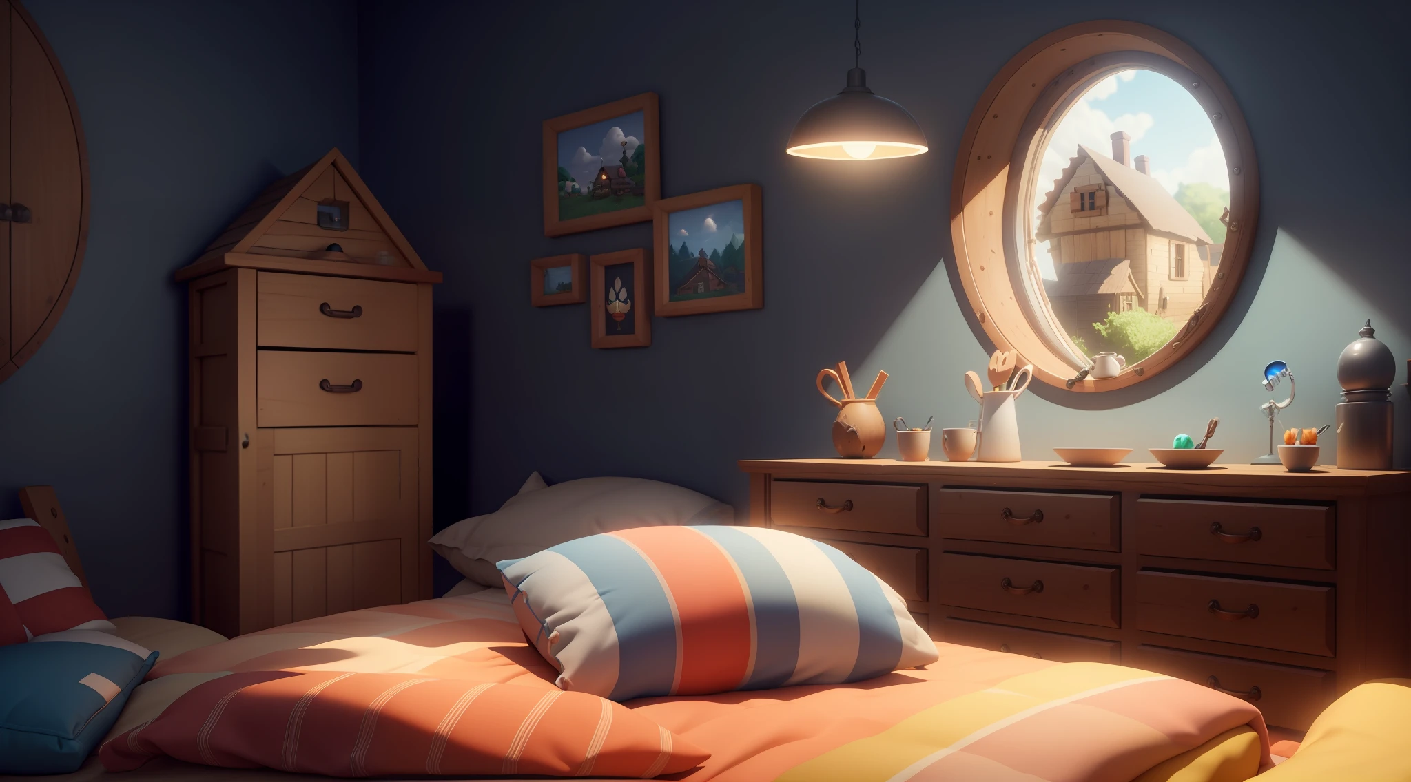 (Pixar style: 1.2), Cute, 3D artwork, bedroom, tavern, inn, video game, a ray of light, blender, OC renderer, dribble high detail 8k, studio lighting --v 6