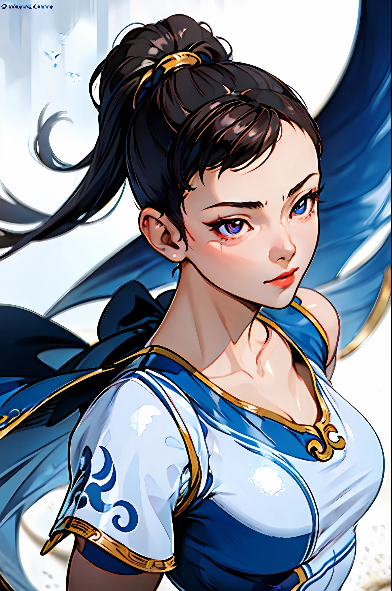 chun-li, street fighter, (masterpiece, best quality:1.2), photorealistic, sophisticated, 1lady, woman, upper body, sharp focus, delicate face, detailed eyes, sharp pupils, realistic pupils, facelight, real skin, firm skin, ultra detailed, depth of field