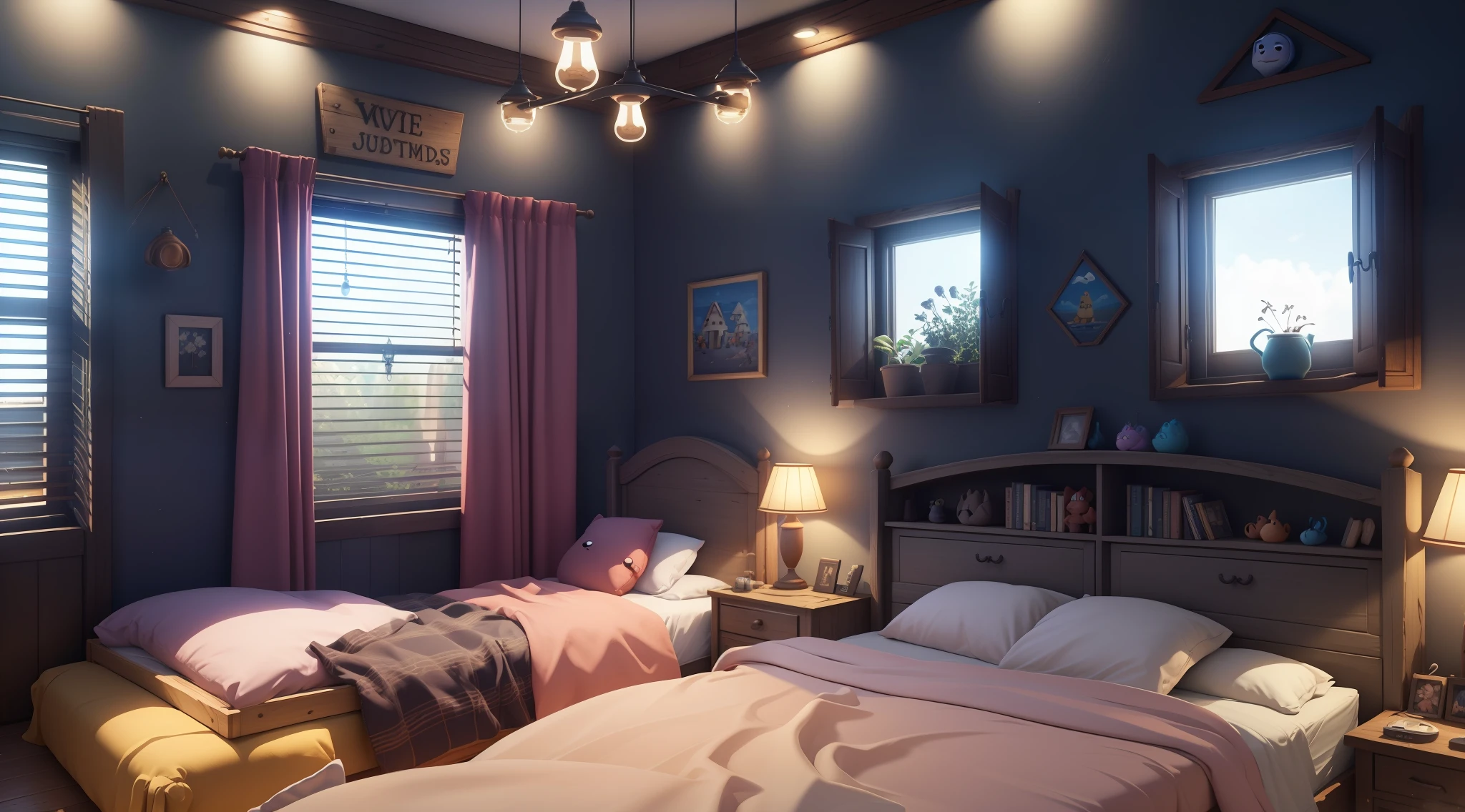 (Pixar style: 1.2), Cute, 3D artwork, bedroom, tavern, inn, video game, a ray of light, blender, OC renderer, dribble high detail 8k, studio lighting --v 6