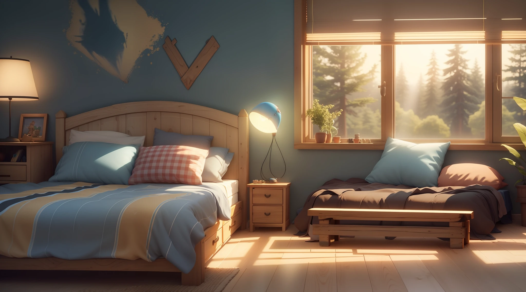 (Pixar style: 1.2), Cute, 3D artwork, bedroom, tavern, inn, video game, a ray of light, blender, OC renderer, dribble high detail 8k, studio lighting --v 6