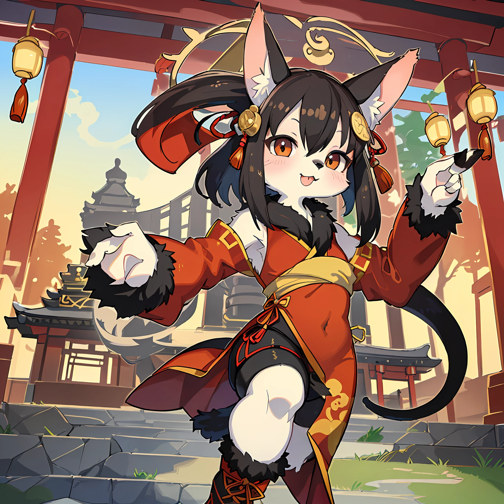 ((Masterpiece, Best Quality)), Furry, Animal Ears, Tail, Bodyfur, 1Girl, Japanese Temple, Chinese Dress, Biker Shorts, Kung Fu, Chibi, Cute, Kawaii.