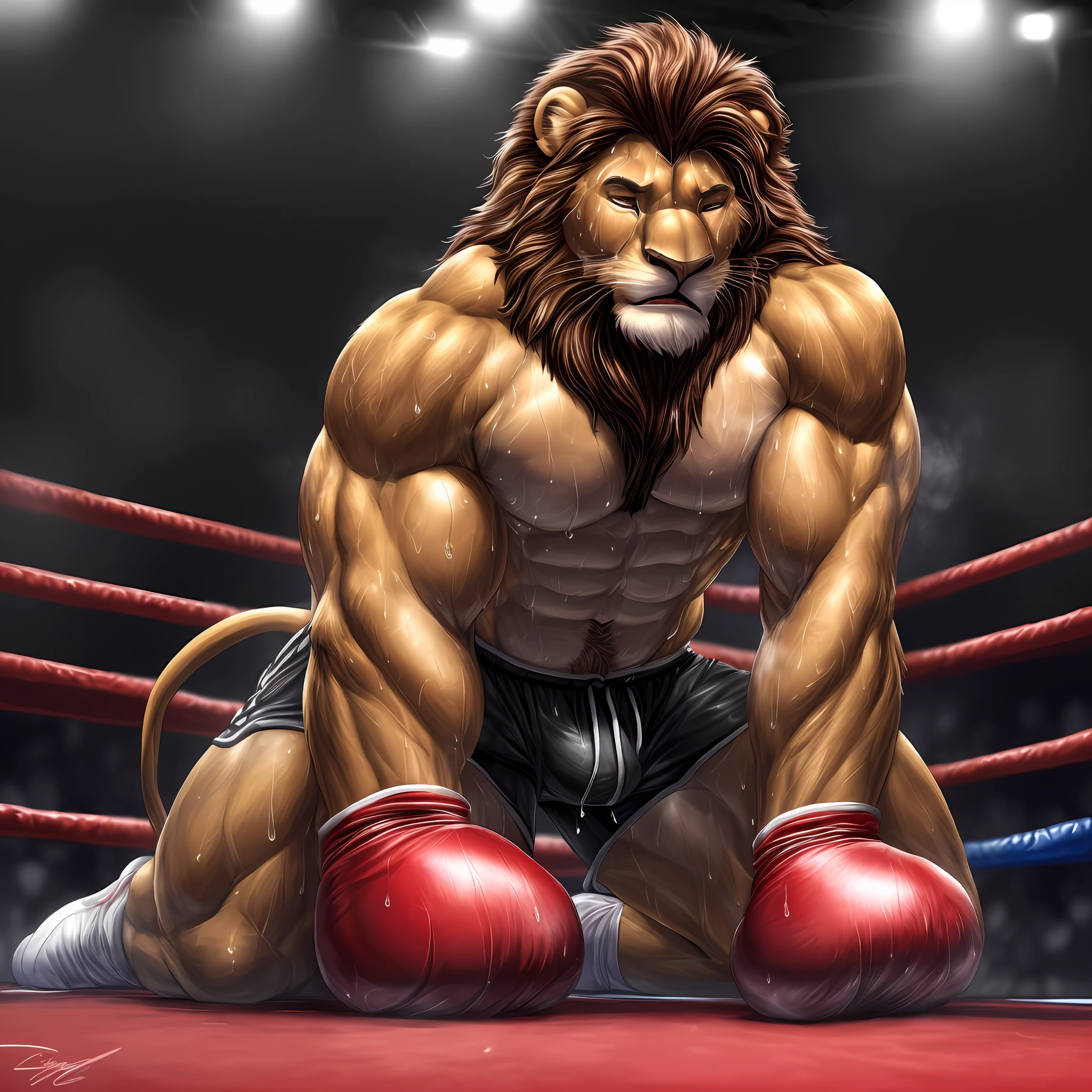 (extremely detailed and realistic masterpiece of an) ((male anthro lion)) with (muscles) and (athletic build), featuring (correct anatomy) and (detailed sweat droplets) glistening and emphasized, (collapsed and bent down) with an (exhausted and panting steamy breath). He's wearing (boxing gloves) and (shorts), kneeling alone in the (boxing ring) showcasing his (hard work and dedication).