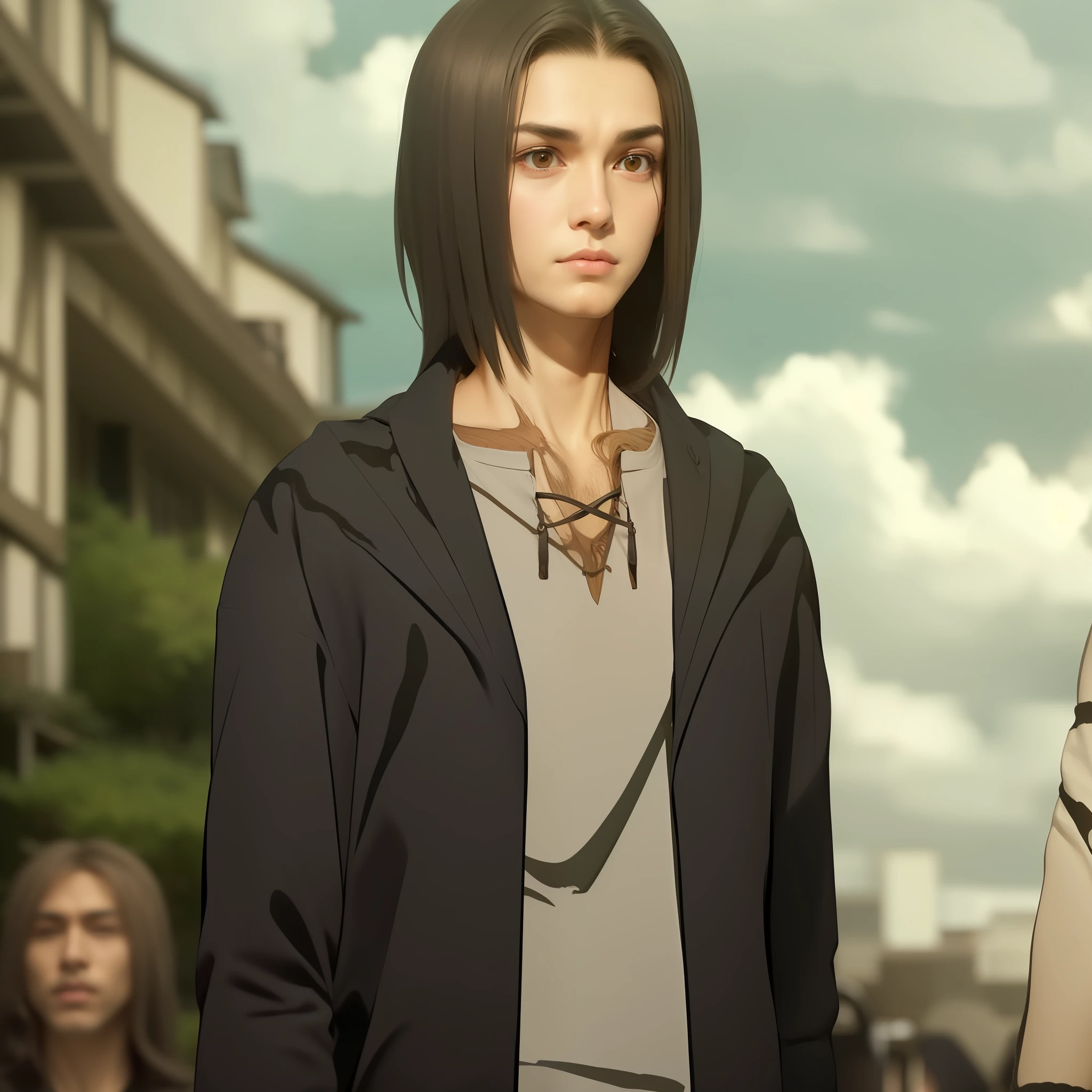best quality, masterpiece, (realistic: 1.2), 1 man, Eren Jaeger, real life, live action, black jeans, black pants, brown hair, attack on Titan, facing front, looking at screen, long hair, t-shirt off-white, navy jacket, dark jacket