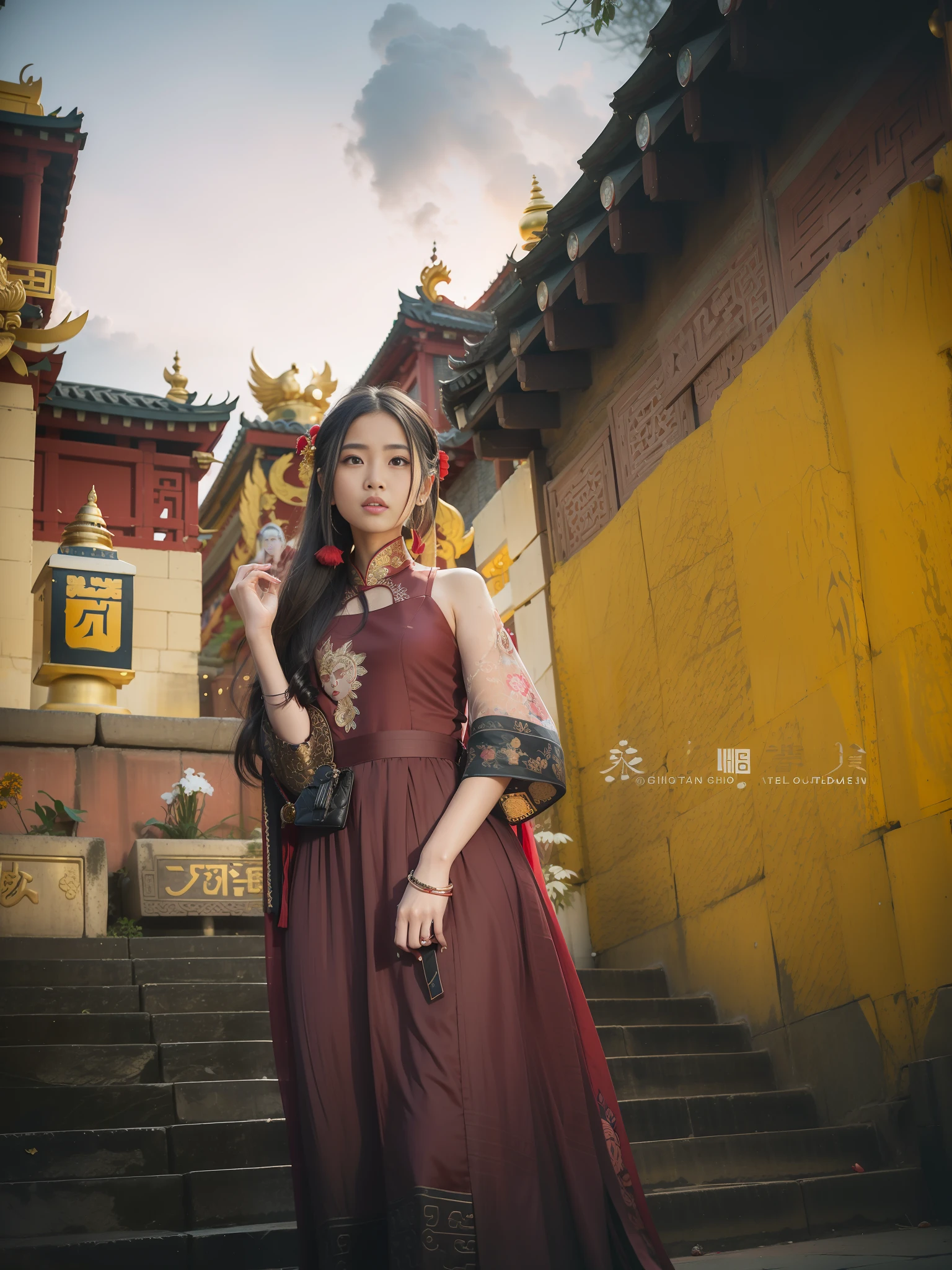 arafed woman in a red dress standing in front of a building, in front of a temple, palace , a girl in hanfu, clothed in ancient street wear, young himalayan woman, in a temple, sci-fi tibetan fashion, traditional beauty, beautiful young himalayan woman, shot on sony a 7 iii, in front of the temple