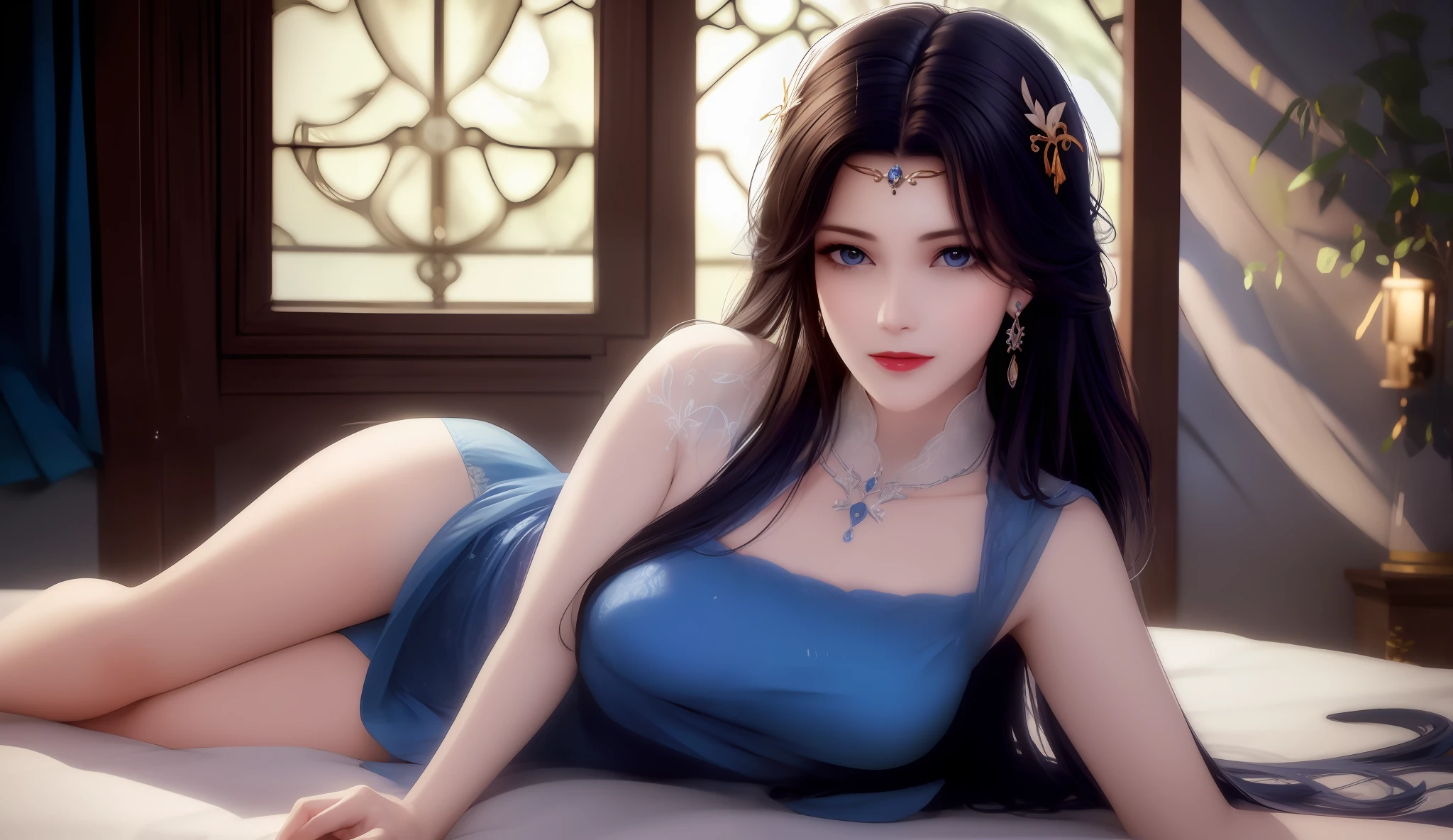 Araffed woman in blue dress lying on bed
