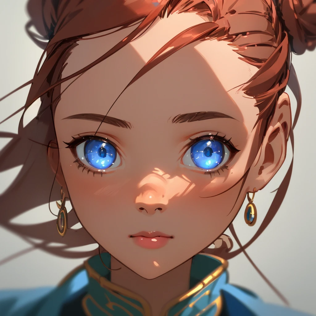 Hyper realistic, portrait, perfect light, perfect shading, centered face, looking forward, closeup, beautiful young woman, Nordic facial features, mid brown skin, bright blue eyes, exotic beauty, cute face, reddish hair pulled back in high bun