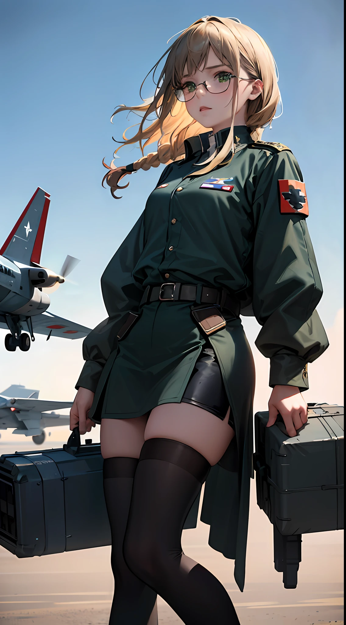Masterpiece, realistic, sci-fi science fiction, realistic sci-fi movies, detailed facial features, realistic, in a single shot, detailed fighter planes, realistic high-tech fighter planes, cinematic angles, shades that Most realistic, detailed environment,( beautiful CG:1.4 ),Standing on a flying aircraft carrierDetailed realistic eye sockets,excellent lighting,tonal coloration,beautiful colors,woman,adult,short,small breasts,26 years old,deep green eyes,hair. Dark black, two braids in the back, smooth bangs in the front, red glasses, a solemn expression, (refer to the WWII white German air force general uniform: 1.5 )
