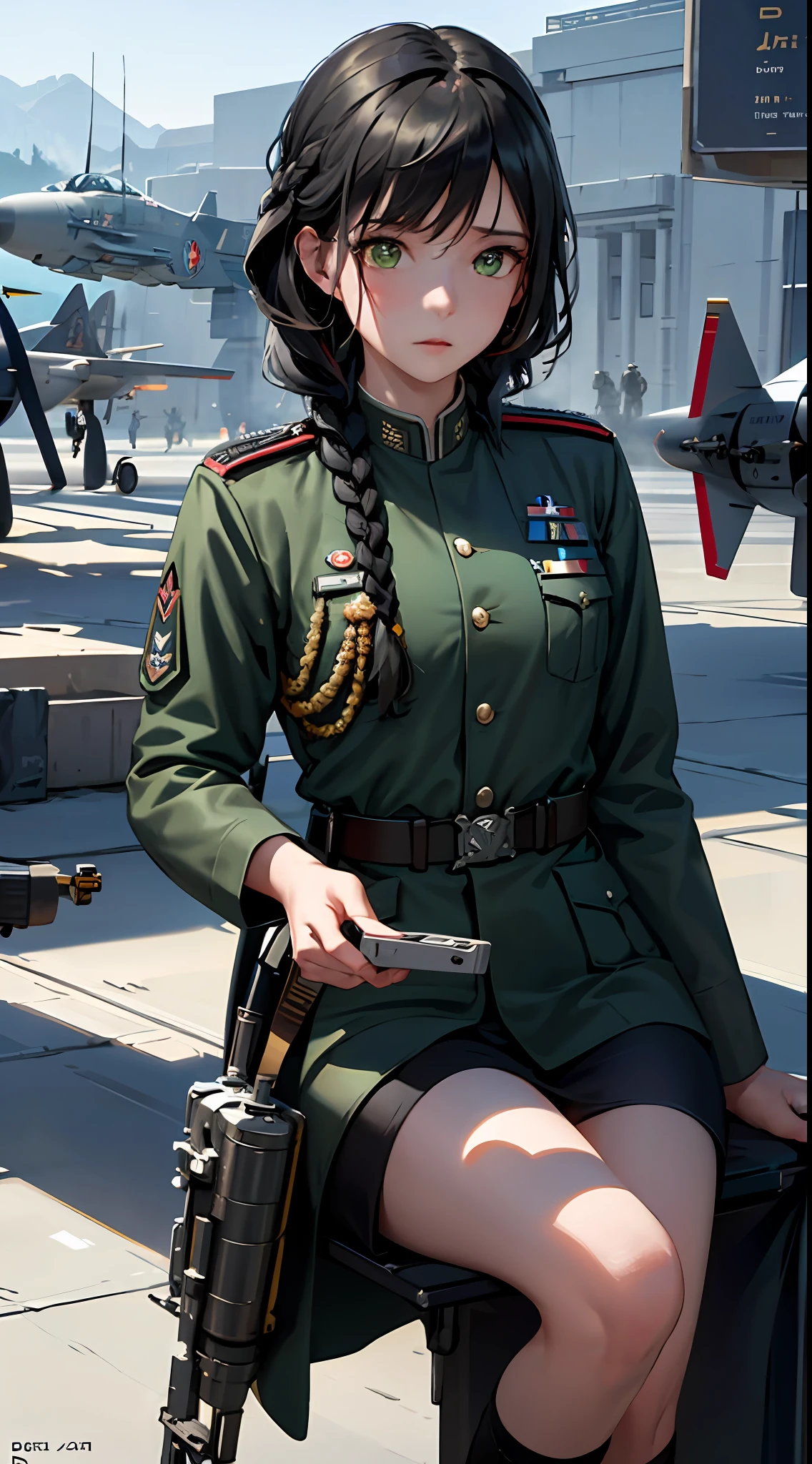 Masterpiece, realistic, sci-fi science fiction, realistic sci-fi movies, detailed facial features, realistic, in a single shot, detailed fighter planes, realistic high-tech fighter planes, cinematic angles, shades that Most realistic, detailed environment,( beautiful CG:1.4 ),Standing on a flying aircraft carrierDetailed realistic eye sockets,excellent lighting,tonal coloration,beautiful colors,woman,adult,short,small breasts,26 years old,deep green eyes,hair. Dark black, two braids in the back, smooth bangs in the front, red glasses, a solemn expression, (refer to the WWII white German air force general uniform: 1.5 )