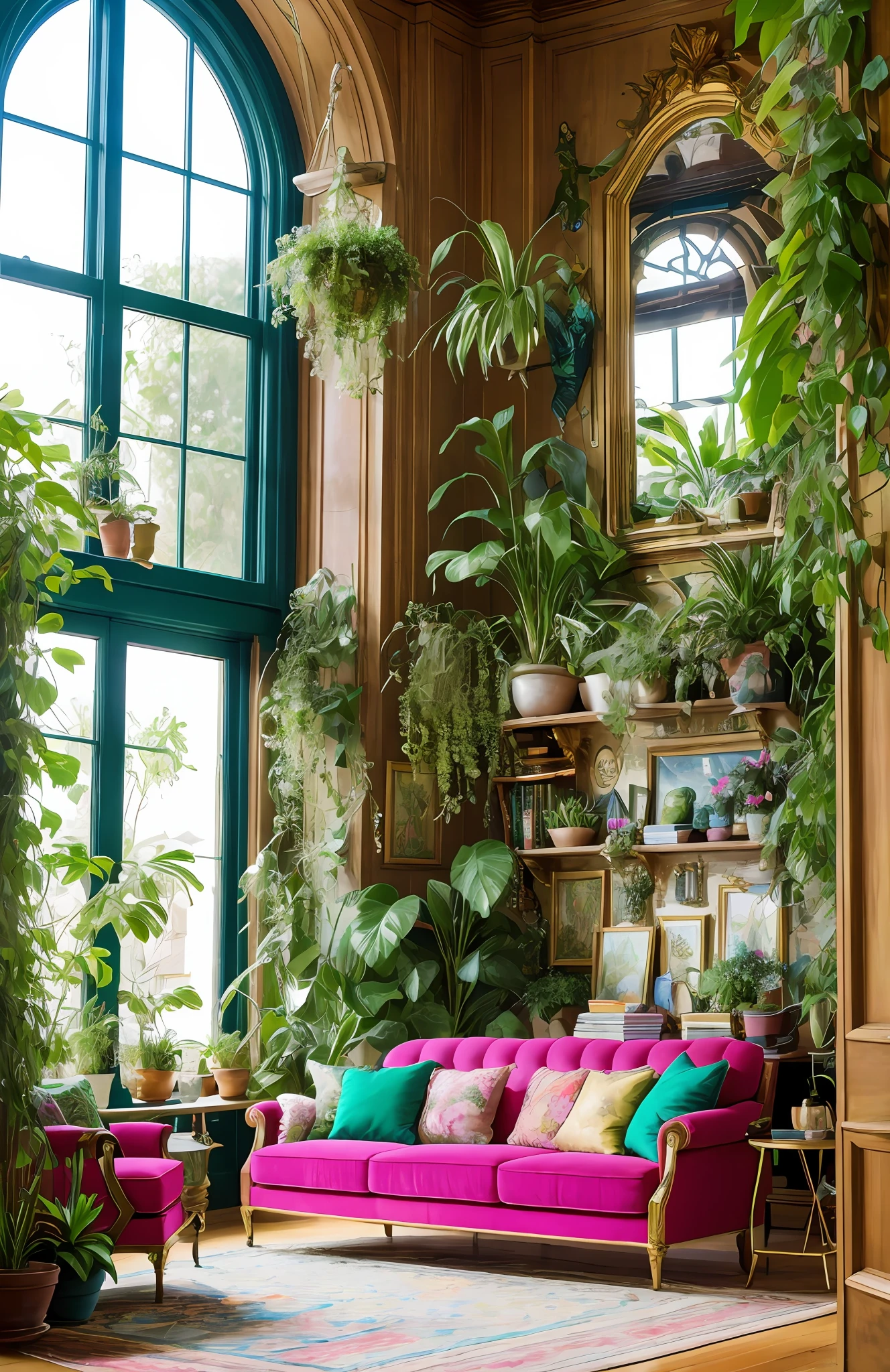 Architectural Digest photo of a maximalist green {vaporwave/steampunk/solarpunk} living room with lots of flowers and plants, golden light, hyperrealistic surrealism, award winning masterpiece with incredible details, epic stunning