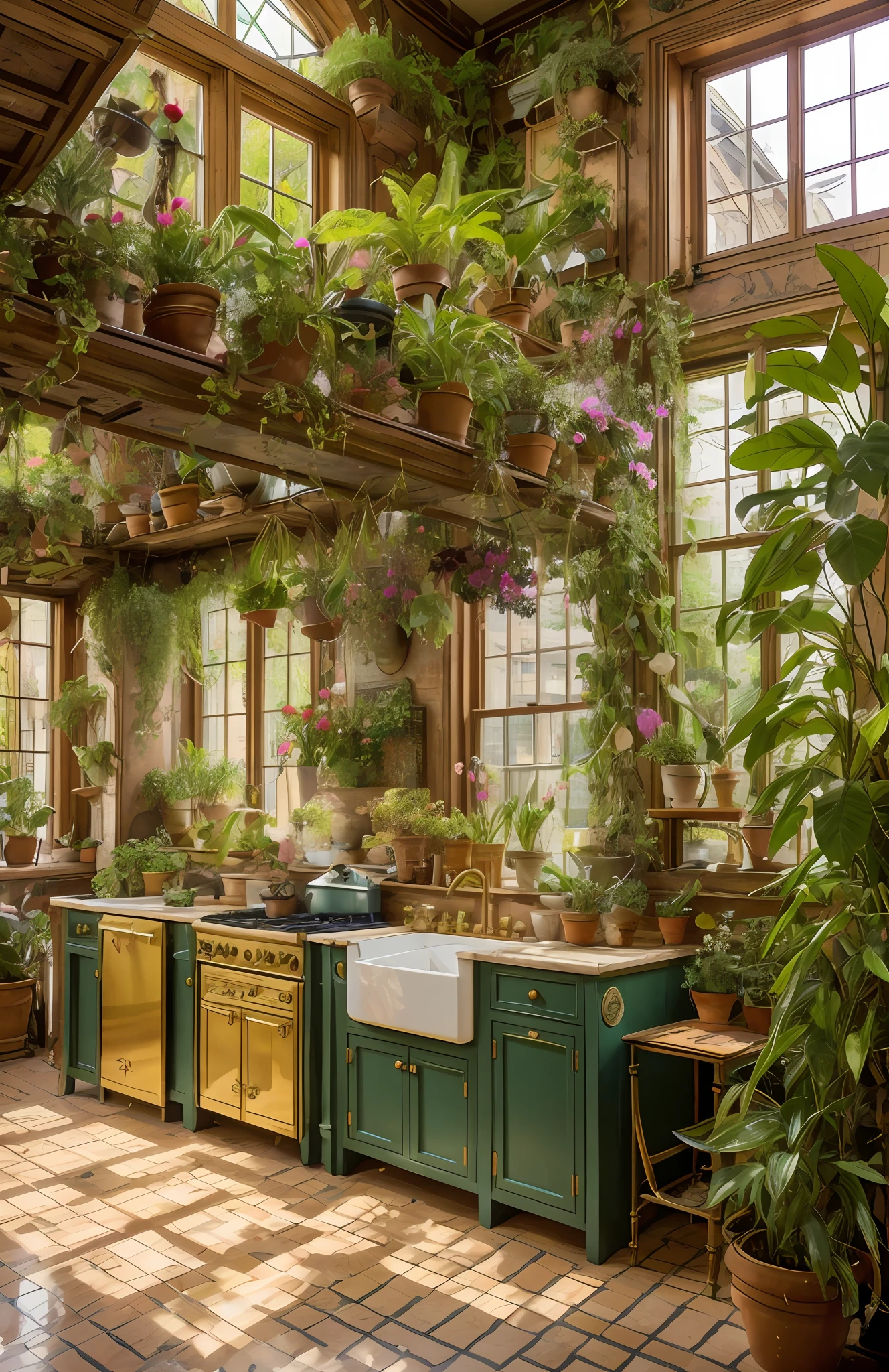 Architectural Digest photo of a maximalist Pink {vaporwave/steampunk/solarpunk} Pink kitchen with flowers and plants, golden light, hyperrealistic surrealism, award winning masterpiece with incredible details, epic stunning