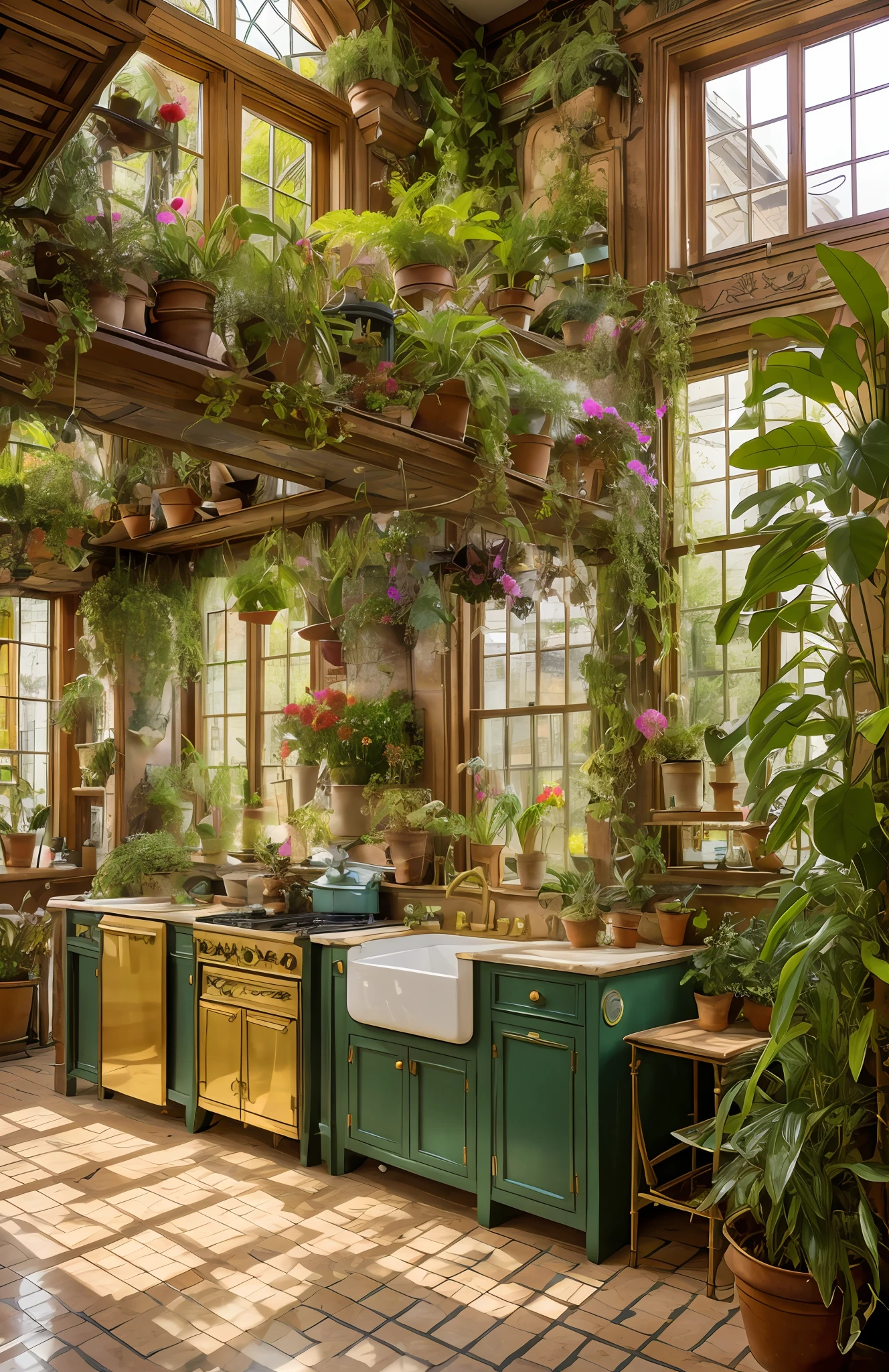 Architectural Digest photo of a maximalist green {vaporwave/steampunk/solarpunk} Pink kitchen with flowers and plants, golden light, hyperrealistic surrealism, award winning masterpiece with incredible details, epic stunning