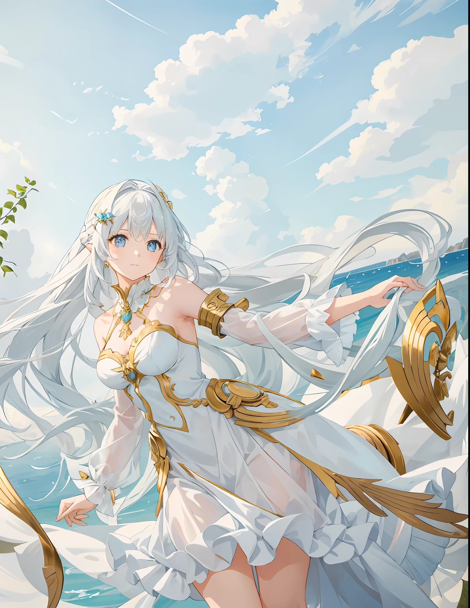 Masterpiece-level CG artwork with fresh and soft painting style. The theme is a beautiful girl with a fairy spirit, with golden eyes and fair skin, a fringed white dress flapping in the wind, long white hair hanging down, looking up at the sky in a very graceful posture, the hair is blown by the wind Flowing, side braids are elegant and alluring. The unique composition of the upper body of the picture highlights the exquisite beauty of the beautiful girl, with endless charm in simplicity.