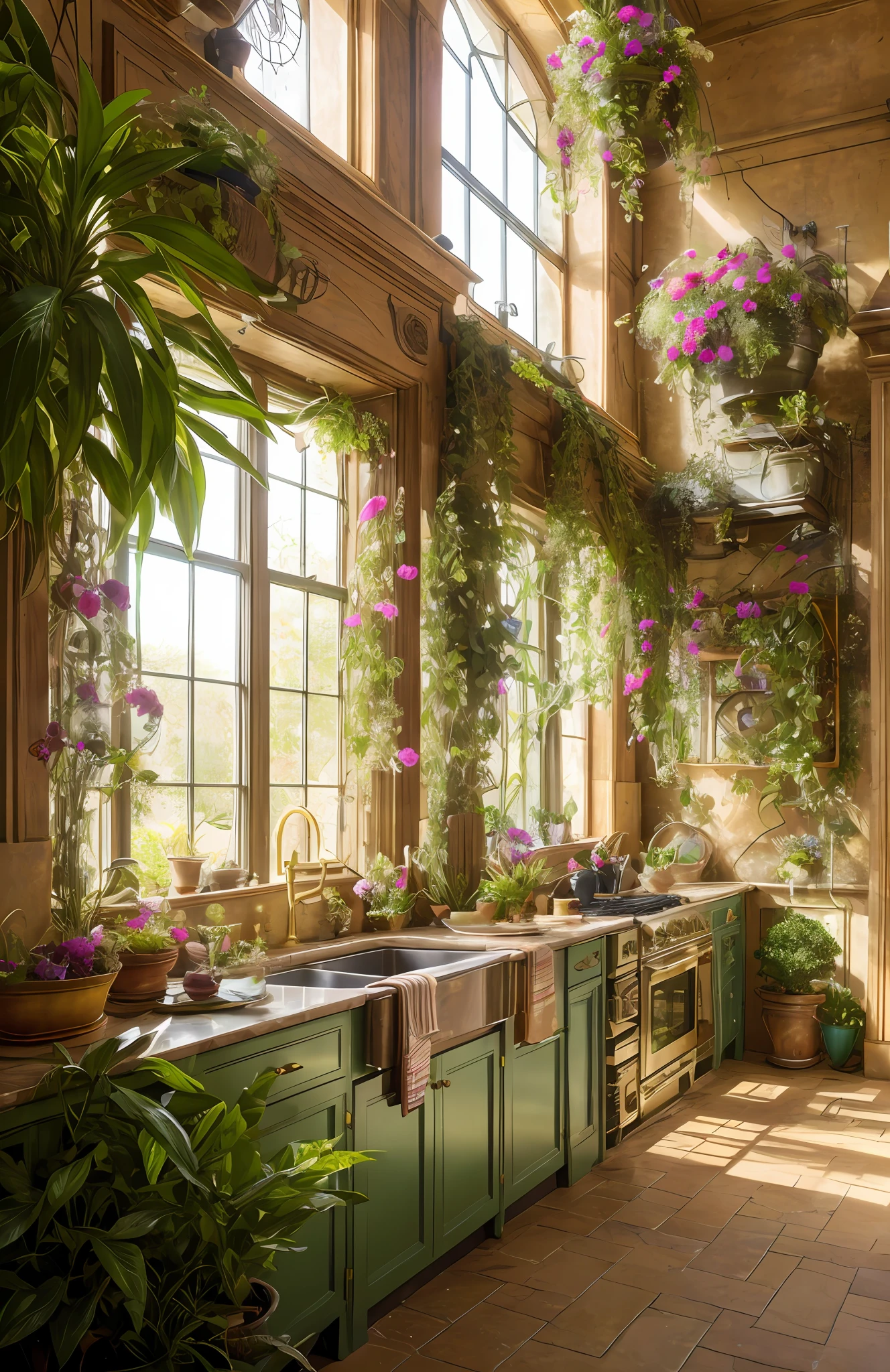 Architectural Digest photo of a maximalist green {vaporwave/steampunk/solarpunk} kitchen with flowers and plants, golden light, hyperrealistic surrealism, award winning masterpiece with incredible details, epic stunning