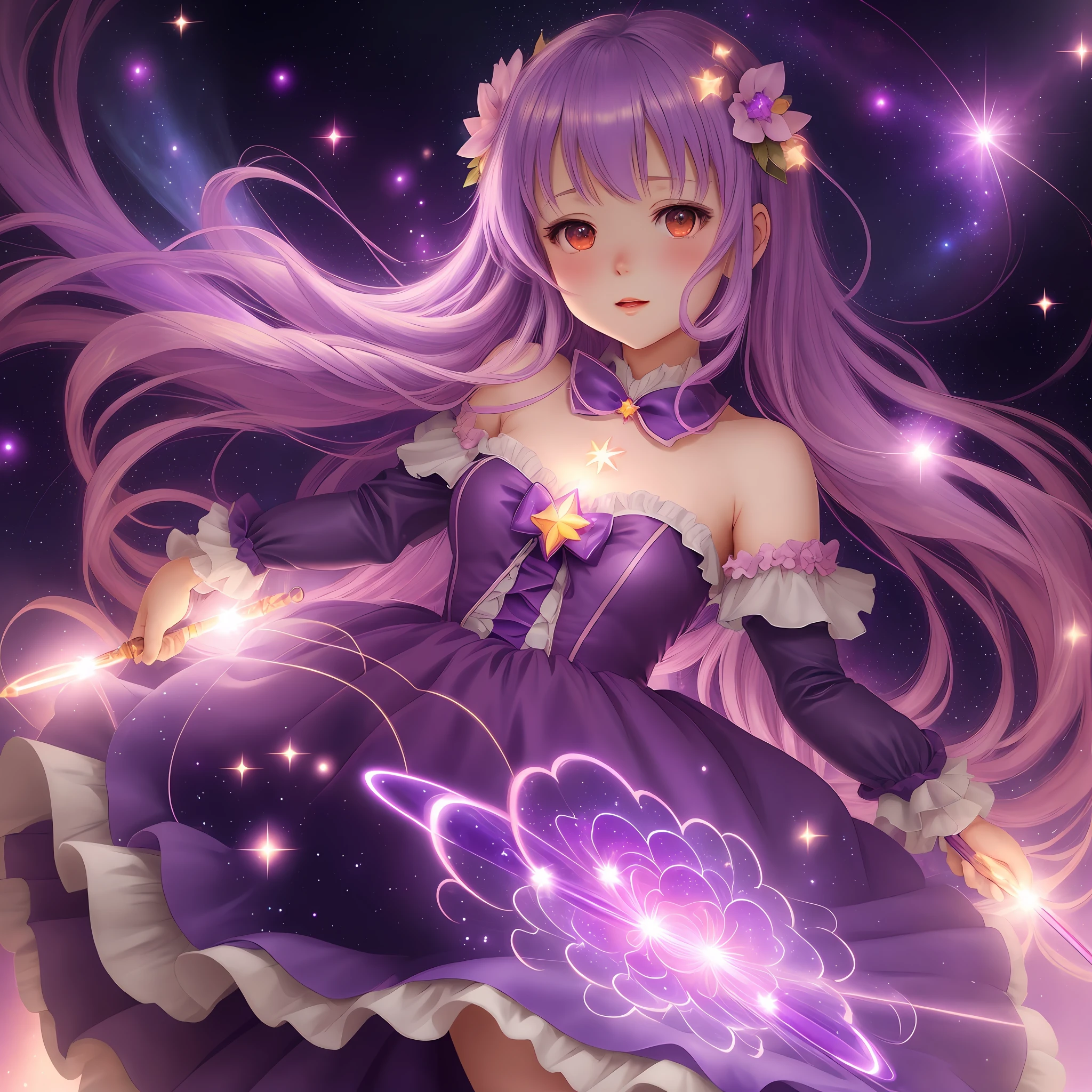 1girl,fantastic,anime girl in purple dress with shining wand in flower garden,shining magic girl,magical girl,space flower fairy,loli,astral fairy,magical girl portrait,magical girl style, Starry sky!!, Magical girl animeMagical girl, Cosmic girls, Anime fantasy illustration, Dreamy psychedelic anime, Colorful, Nightcore