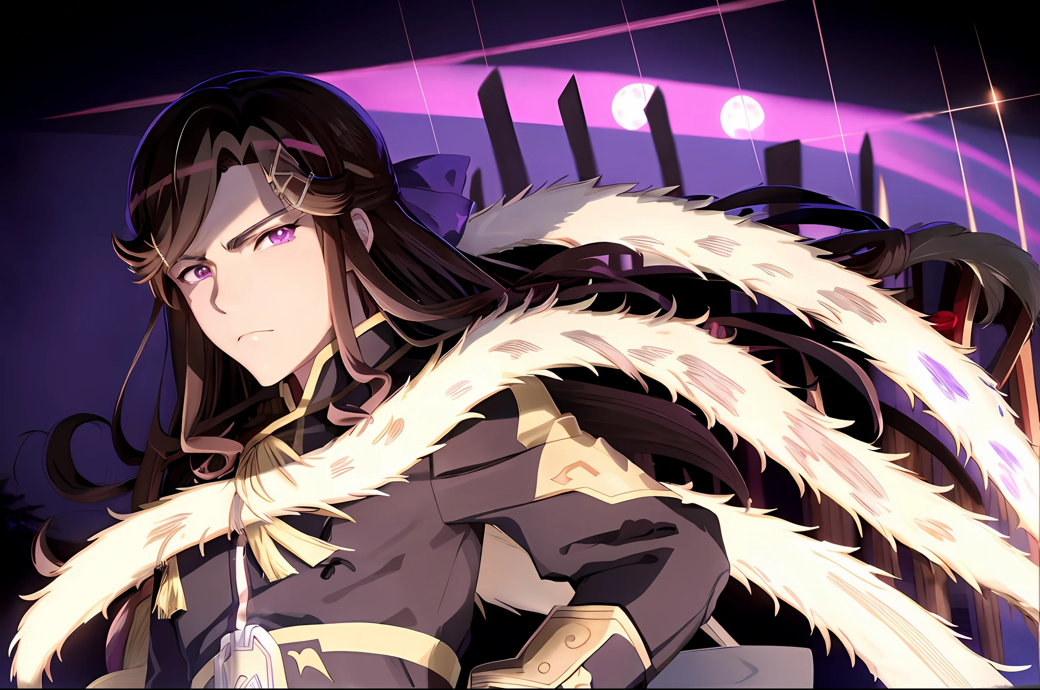 anime character with long hair and purple eyes in front of a full moon, handsome guy in demon slayer art, black - haired mage, anime portrait of a handsome man, anime handsome man, male anime character, kentaro miura manga art style, sengoku - era art style, male anime style, ilya kuvshinov with long hair, roguish smirk