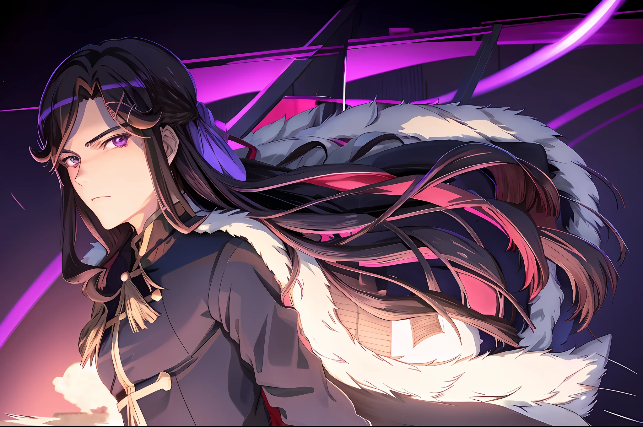 anime character with long hair and purple eyes in front of a full moon, handsome guy in demon slayer art, black - haired mage, anime portrait of a handsome man, anime handsome man, male anime character, kentaro miura manga art style, sengoku - era art style, male anime style, ilya kuvshinov with long hair, roguish smirk