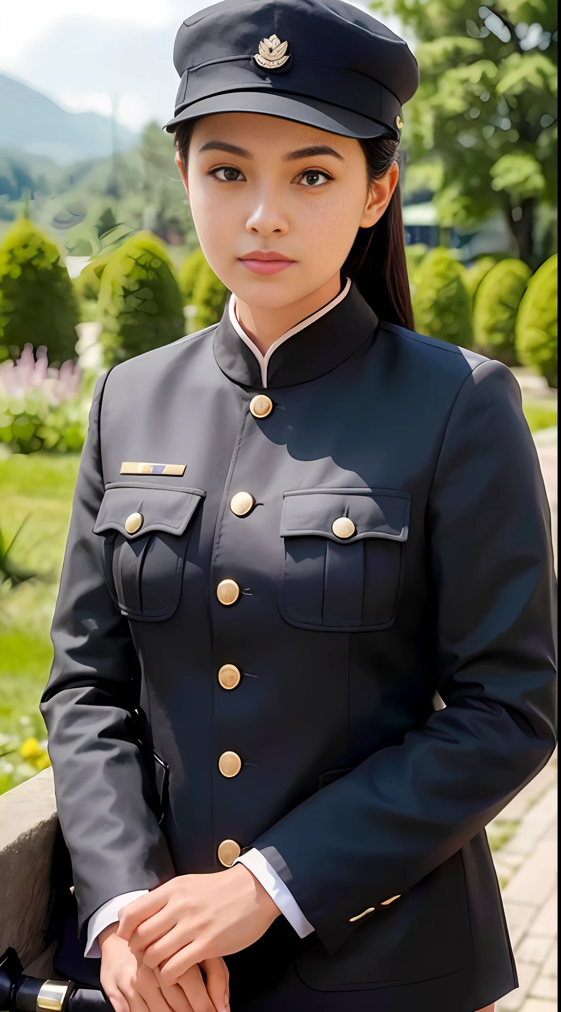 woman in uniform posing for a picture in a park, girl wearing uniform, full uniform, in black uniform, wearing military uniform, gilded black uniform, uniform, wearing headmistress uniform, in uniform, wearing a military uniform, jk uniform, full dress uniform, in black military uniform, seifuku, officer, uniform background, portrait n - 9, officers uniform
