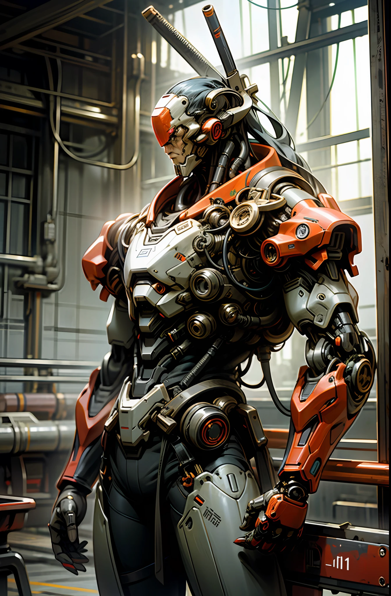 8K wallpapers, ultra-detailed works, cinematic lighting, realistic photos, Dark_Fantasy, Cyberpunk, (chain saw, chain saw man, Red: 1.1), 1man, Mechanical marvel, Robotic presence, Cybernetic guardian, wearing a worn-out mech suit , intricate, (steel metal [rust]), elegant, sharp focus, photographed by greg rutkowski, soft lighting, vibrant colors, masterpiece, ((street)), cowboy shot, dynamic pose,