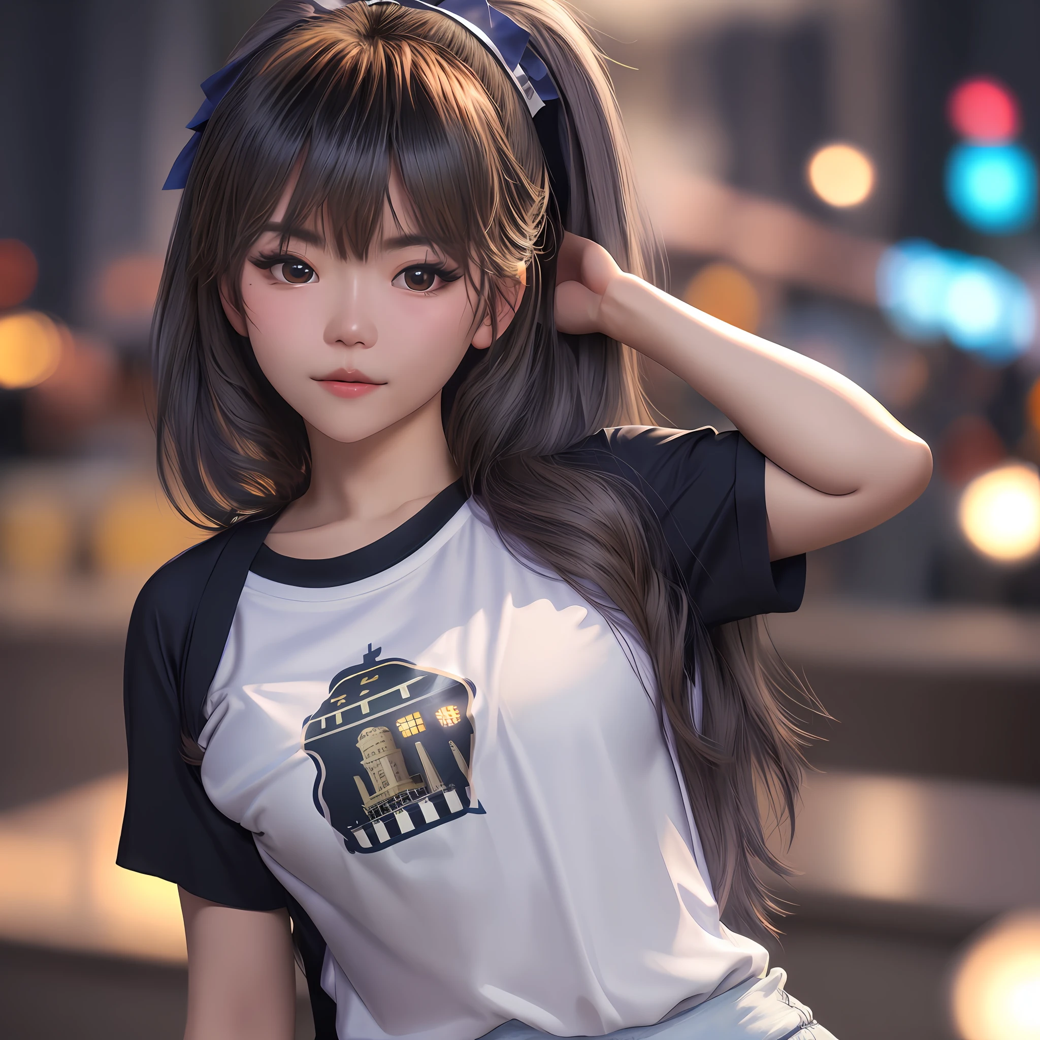 Bangs, hair accessories, city, night, high ponytail, armpits, small breasts, slimming, perfect skin,, (8k, RAW photo, best quality, masterpiece: 1.2), (realism, realism: 1.4),1girl,( Kpop idol), (aegyo sal:1), professional lighting, photon mapping, radiosity, physically based rendering, pureerosface_v1, t-shirt