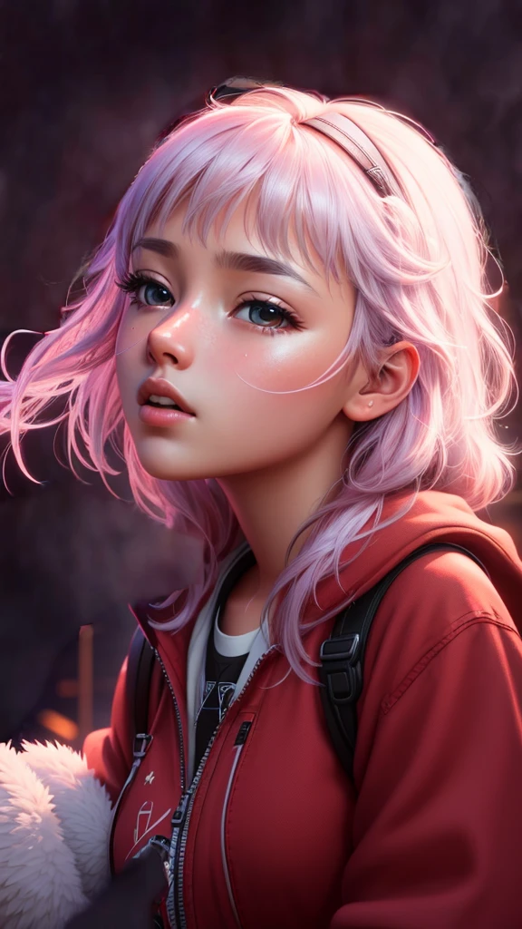 A girl with pink hair and a backpack looks at the camera - SeaArt AI