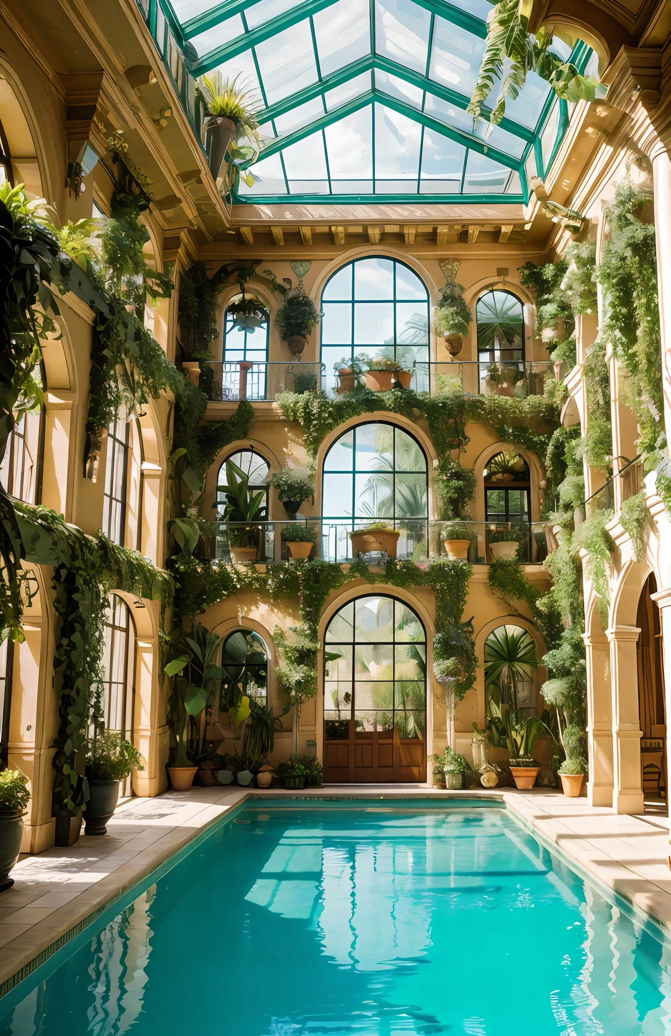 Architectural Digest photo of a maximalist green {vaporwave/steampunk/solarpunk}  indoor swimming pool in a HOUSE with flowers and plants, golden light, hyperrealistic surrealism, award winning masterpiece with incredible details, epic stunning