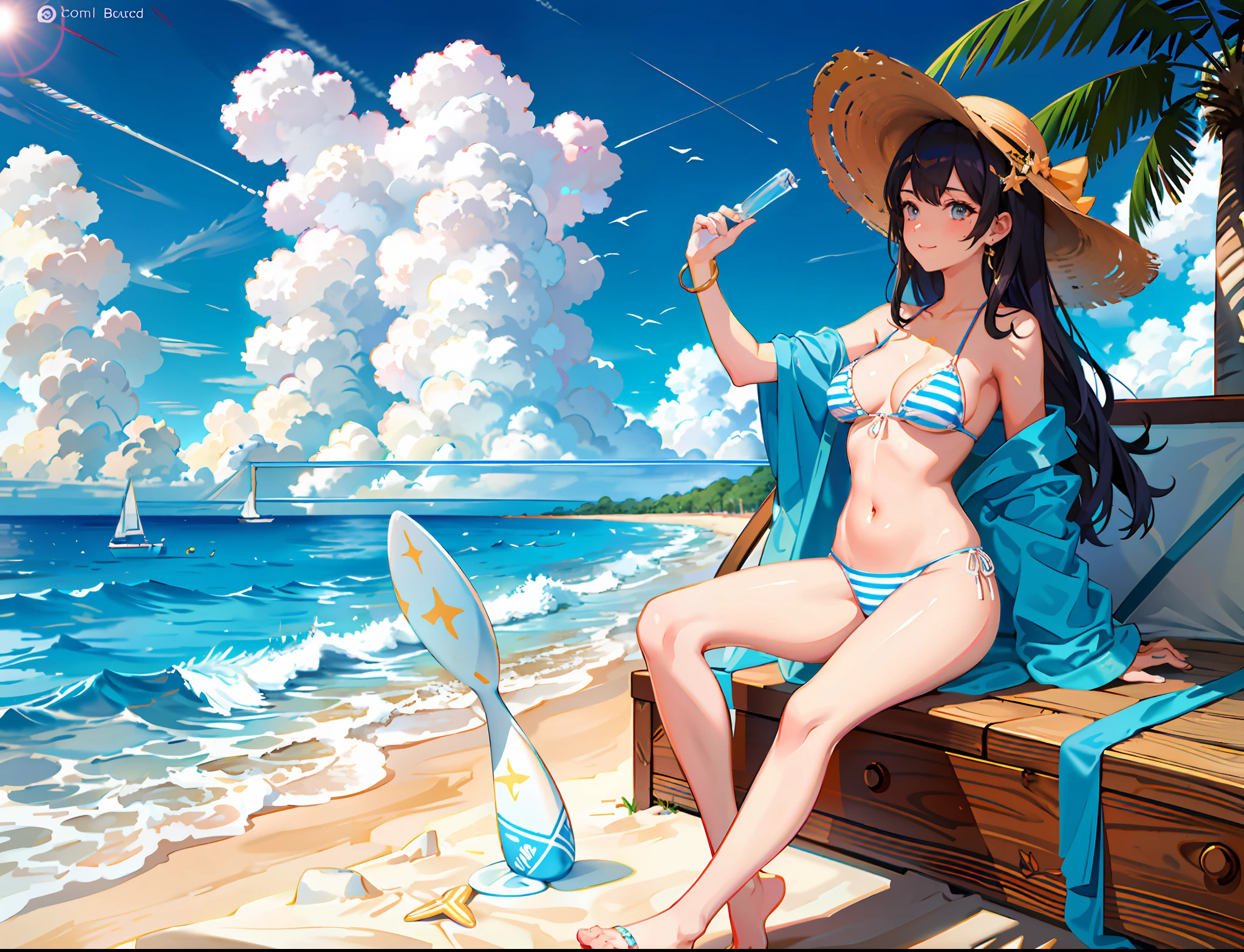 1 girl, watercolor painting, long wavy hair, blue swimsuit, white polka dots, triangle top, high-waisted bottom, pink sunglasses, golden hoop earrings, silver bracelet, beachy waves, tan skin, bright smile, C cup size, beach umbrella, palm trees in the background, tropical beach, sandy beach, ocean waves, holding a tropical drink with an umbrella, coconut, pineapple, wearing a wide-brimmed sun hat, sitting on a colorful beach towel, applying sunscreen lotion, beach ball nearby, inflatable flamingo float, standing in ankle-deep water, splashing, seashells at her feet, starfish hairpin, anklet, toe ring, having fun, laughing, confident pose, curvy figure, hourglass shape, golden sand between toes, blue sky with fluffy clouds, wearing white flip flops, beach tote bag, striped, holding a camera to take a selfie, lined-up surfboards, surfer dude in the distance, playful expression, sun-kissed glow, ocean breeze.
