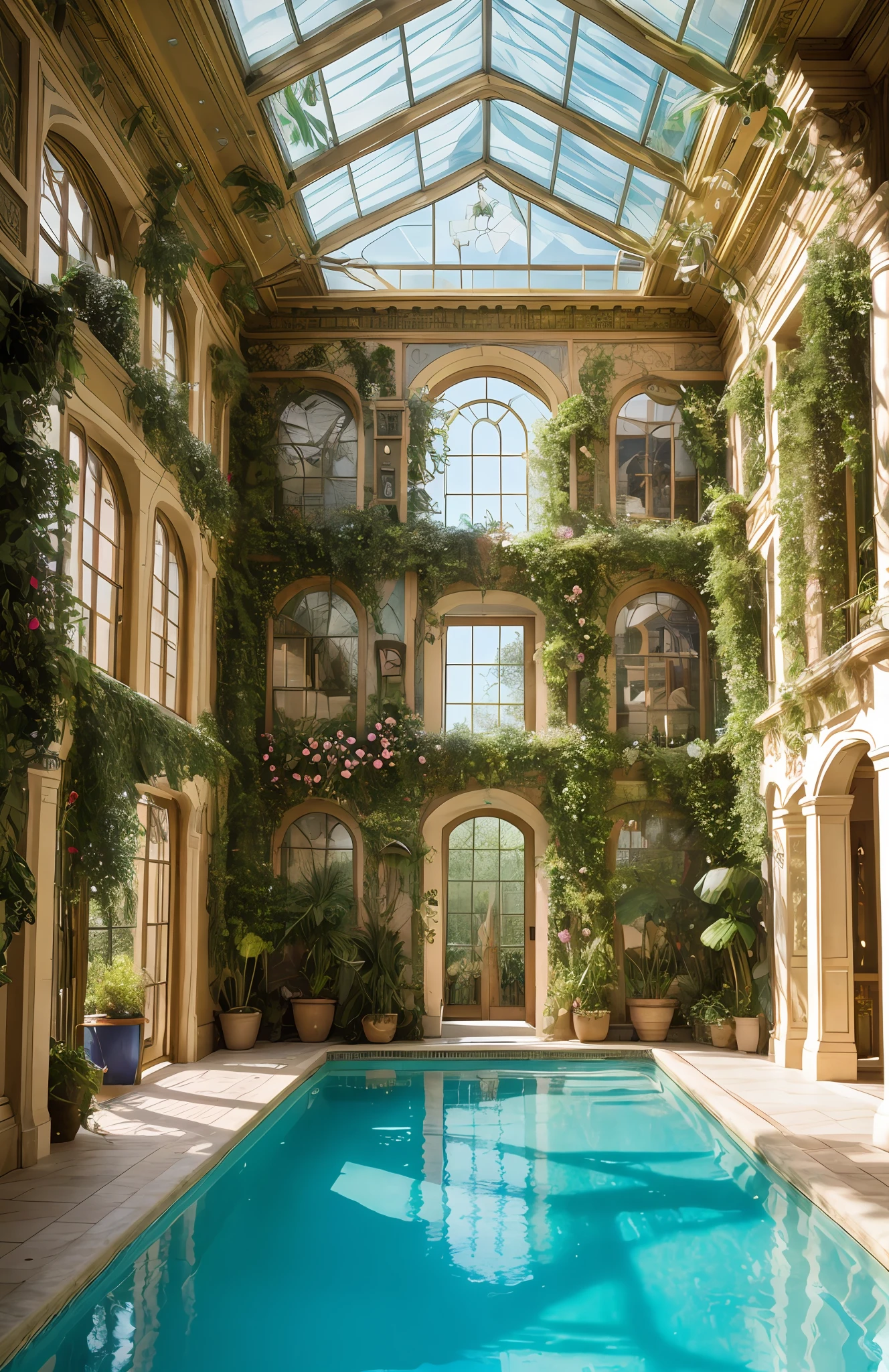 Architectural Digest photo of a maximalist green {vaporwave/steampunk/solarpunk}  indoor swimming pool in a HOUSE with flowers and plants, golden light, hyperrealistic surrealism, award winning masterpiece with incredible details, epic stunning