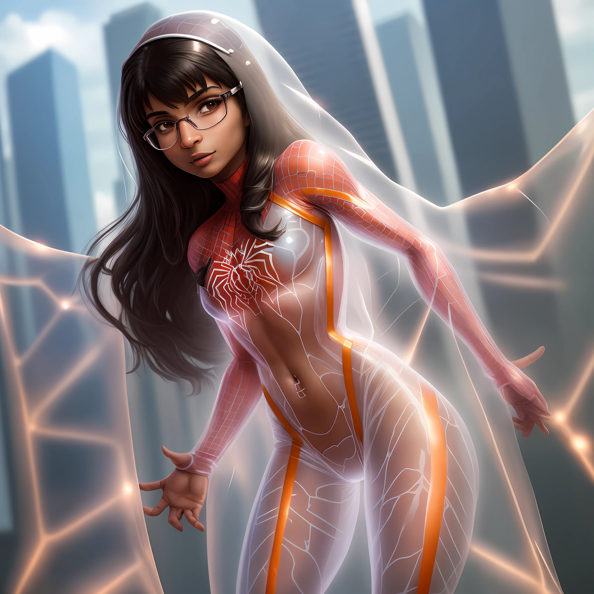 Mia Khalifa, 1girl, solo, tight translucent transparent spiderman suit, nude