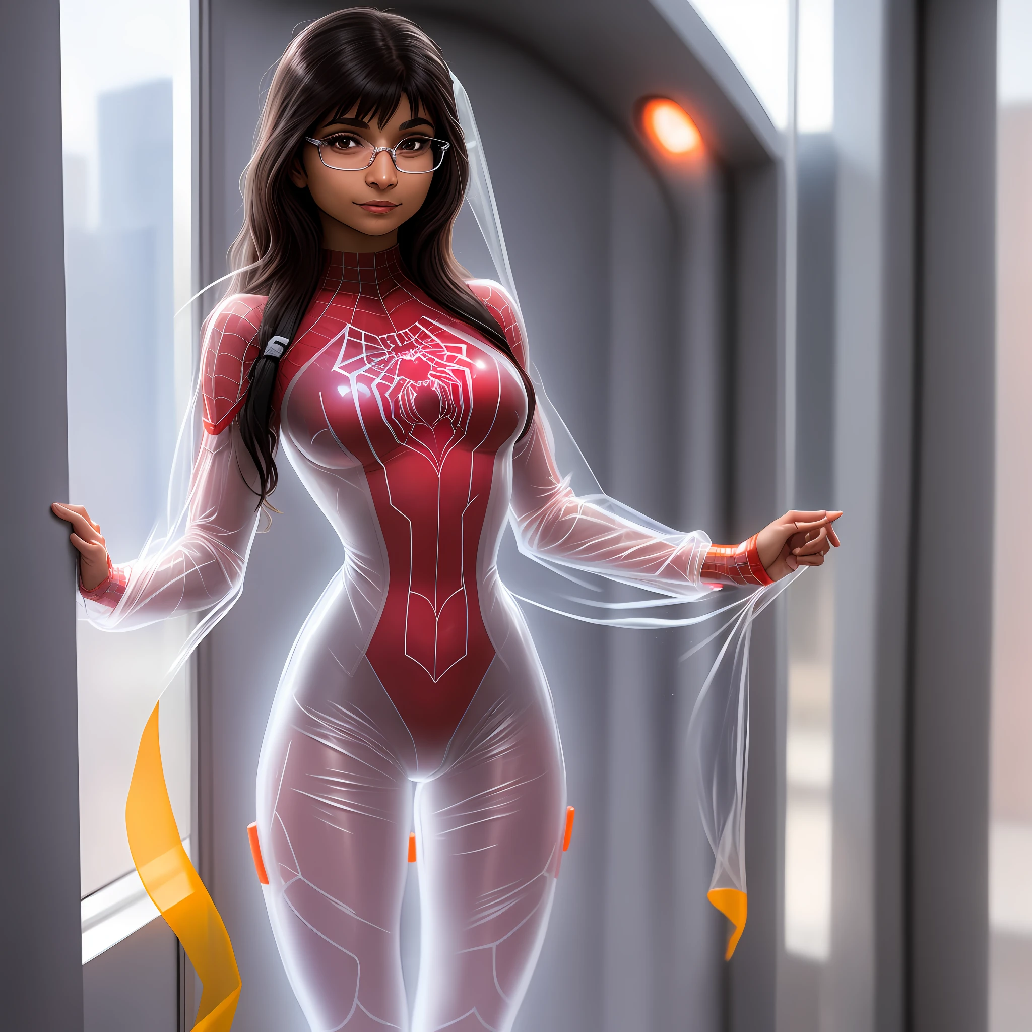 Mia Khalifa, 1girl, solo, tight translucent transparent spiderman suit, nude