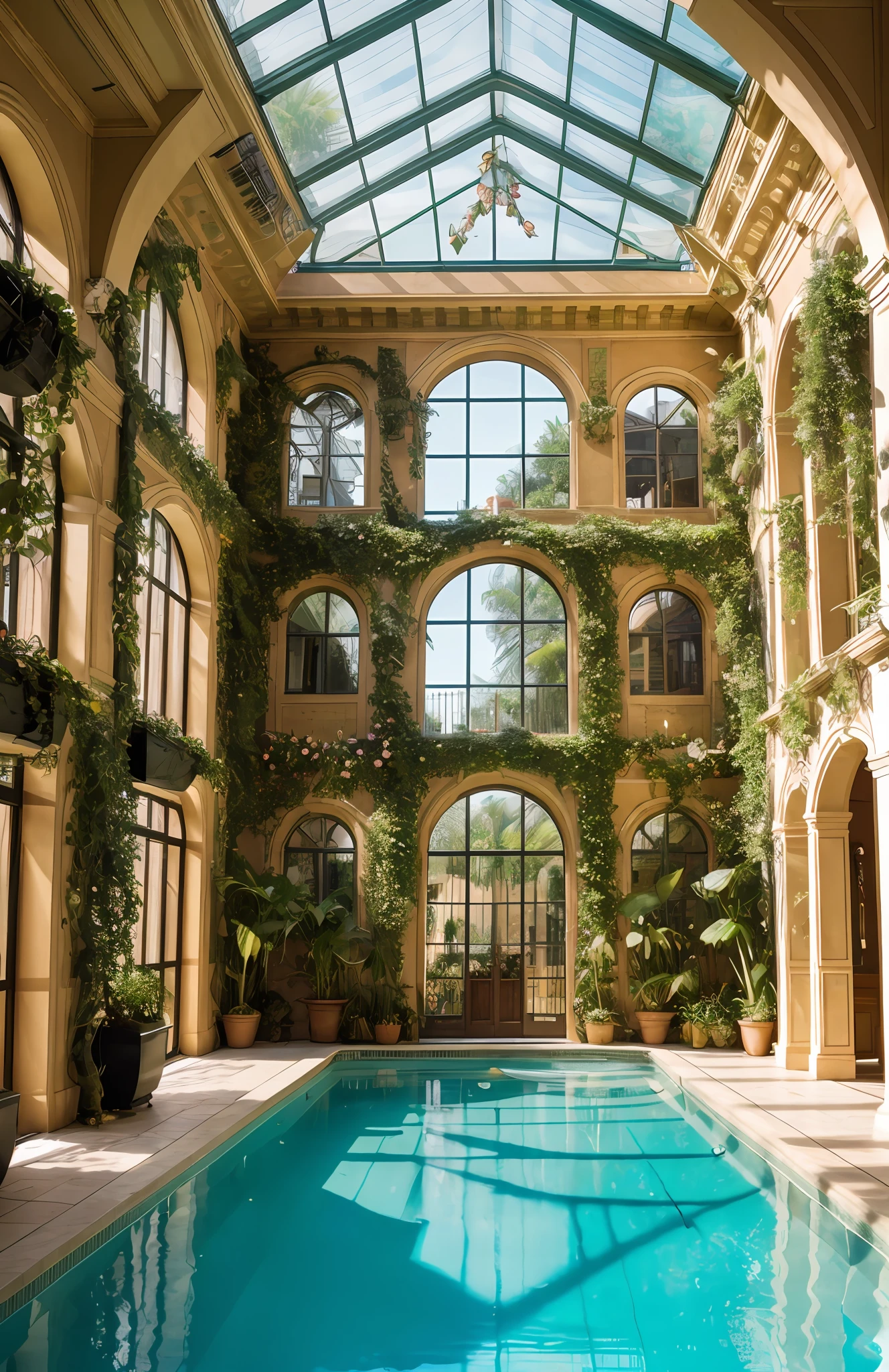 Architectural Digest photo of a maximalist green {vaporwave/steampunk/solarpunk}  indoor swimming pool in a HOUSE with flowers and plants, golden light, hyperrealistic surrealism, award winning masterpiece with incredible details, epic stunning