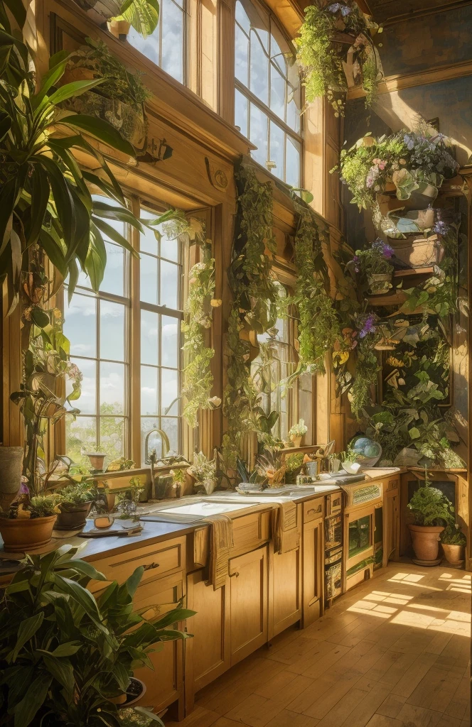 Architectural Digest photo of a maximalist green {vaporwave/steampunk/solarpunk} ((Home office)) with flowers and plants, golden light, hyperrealistic surrealism, award winning masterpiece with incredible details, epic stunning