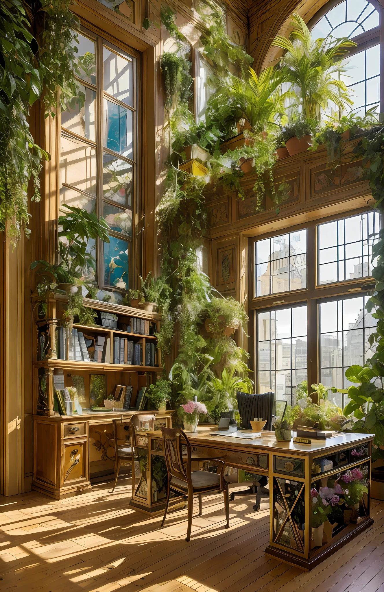 Architectural Digest photo of a maximalist green {vaporwave/steampunk/solarpunk} ((Home office)) with flowers and plants, golden light, hyperrealistic surrealism, award winning masterpiece with incredible details, epic stunning