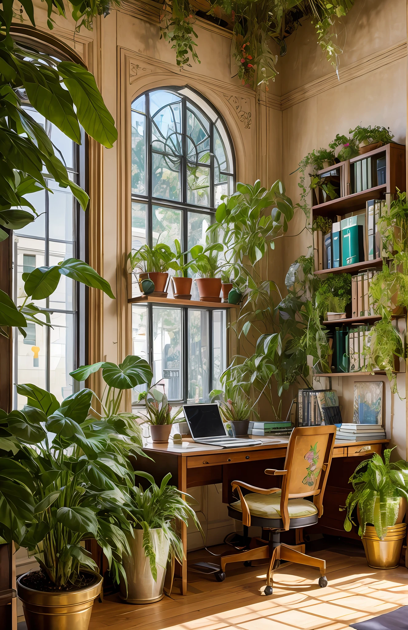 Architectural Digest photo of a maximalist green {vaporwave/steampunk/solarpunk} ((Home office)) with flowers and plants, golden light, hyperrealistic surrealism, award winning masterpiece with incredible details, epic stunning