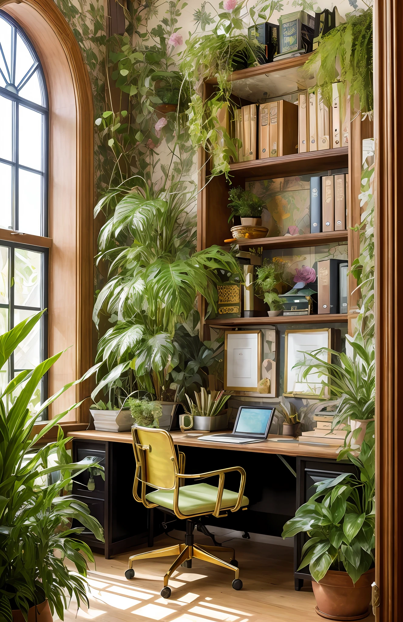 Architectural Digest photo of a maximalist green {vaporwave/steampunk/solarpunk} ((Home office)) with flowers and plants, golden light, hyperrealistic surrealism, award winning masterpiece with incredible details, epic stunning