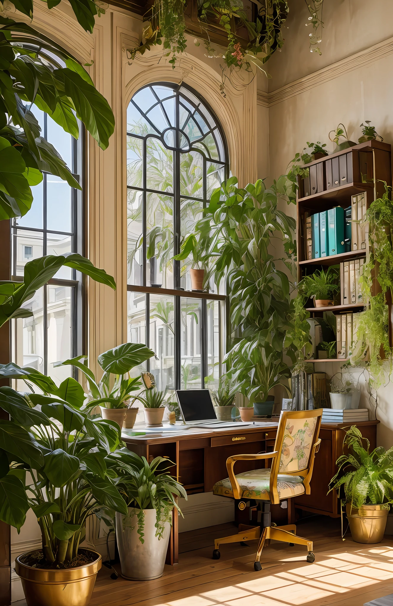 Architectural Digest photo of a maximalist green {vaporwave/steampunk/solarpunk} ((Home office)) with flowers and plants, golden light, hyperrealistic surrealism, award winning masterpiece with incredible details, epic stunning