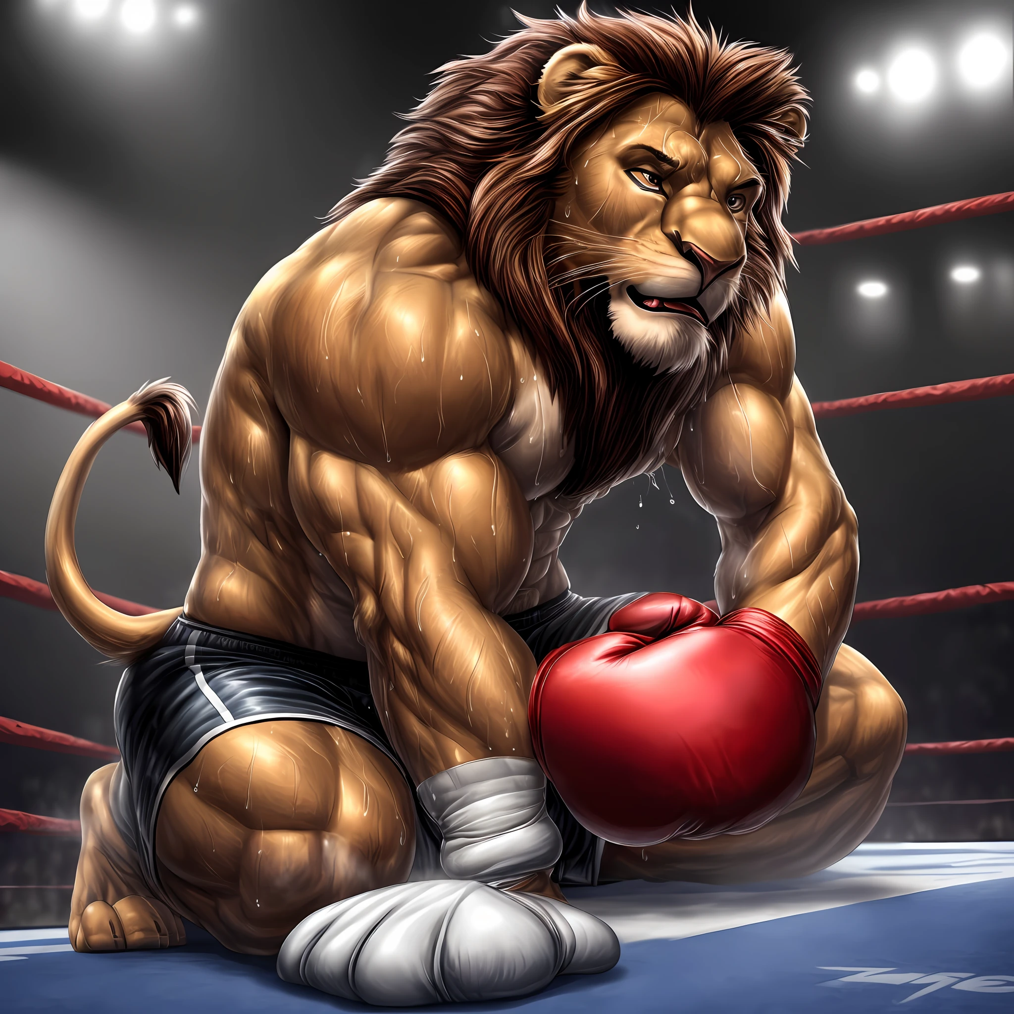 (extremely detailed and realistic masterpiece of an) ((male anthro lion)) with (muscles) and (athletic build), featuring (correct anatomy) and (detailed sweat droplets) glistening and emphasized, (collapsed and bent down) with an (exhausted and panting steamy breath). He's wearing (boxing gloves) and (shorts), kneeling alone in the (boxing ring) showcasing his (hard work and dedication).