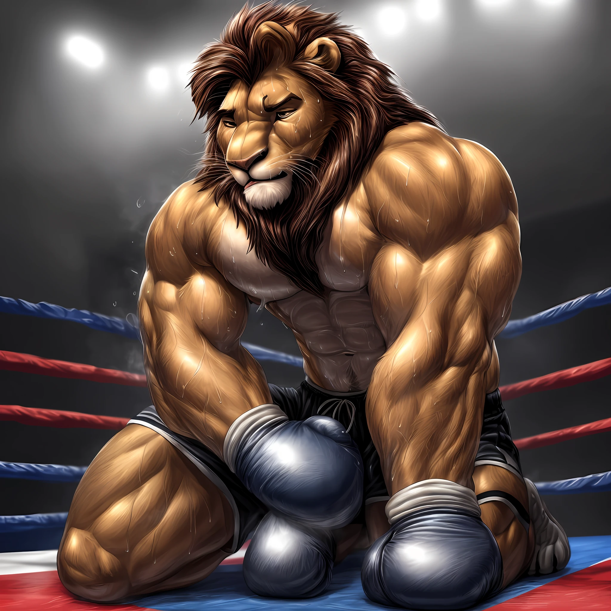 (extremely detailed and realistic masterpiece of an) ((male anthro lion)) with (muscles) and (athletic build), featuring (correct anatomy) and (detailed sweat droplets) glistening and emphasized, (collapsed and bent down) with an (exhausted and panting steamy breath). He's wearing (boxing gloves) and (shorts), kneeling alone in the (boxing ring) showcasing his (hard work and dedication).