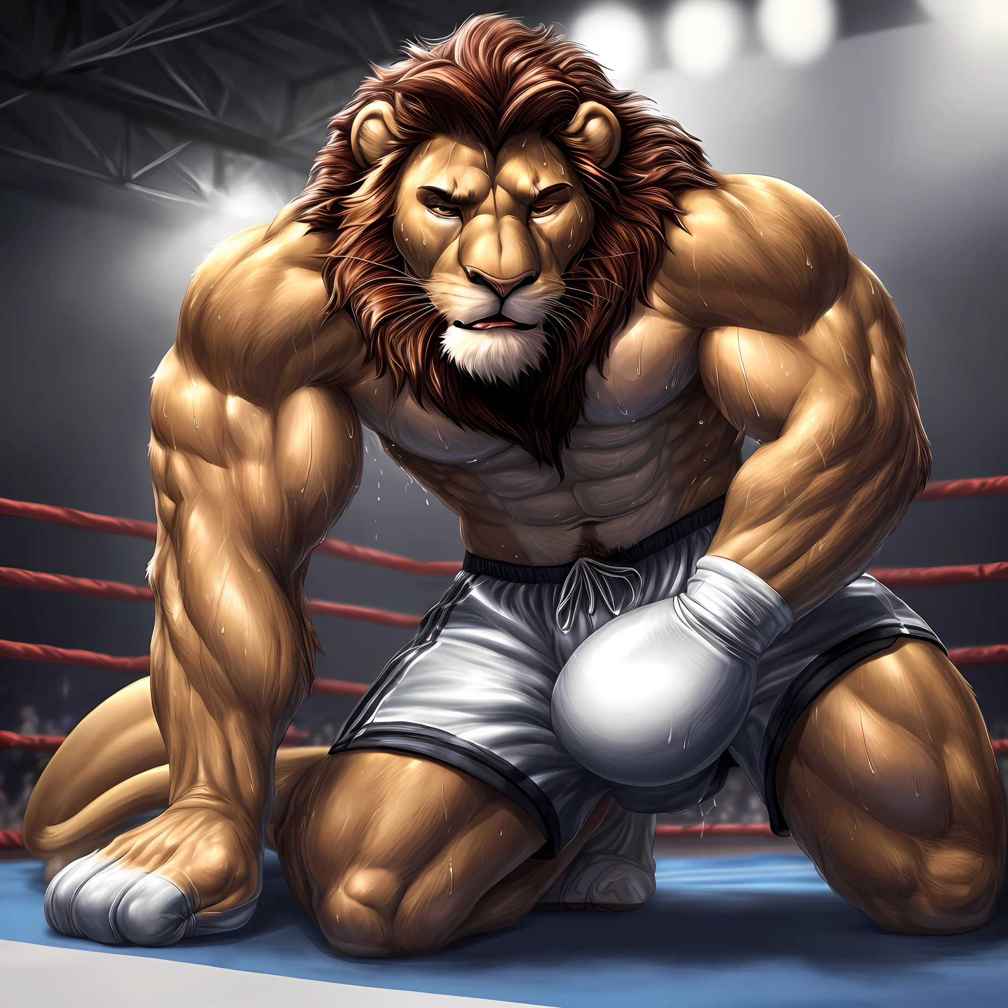 (extremely detailed and realistic masterpiece of an) ((male anthro lion)) with (muscles) and (athletic build), featuring (correct anatomy) and (detailed sweat droplets) glistening and emphasized, (collapsed and bent down) with an (exhausted and panting steamy breath). He's wearing (boxing gloves) and (shorts), kneeling alone in the (boxing ring) showcasing his (hard work and dedication).