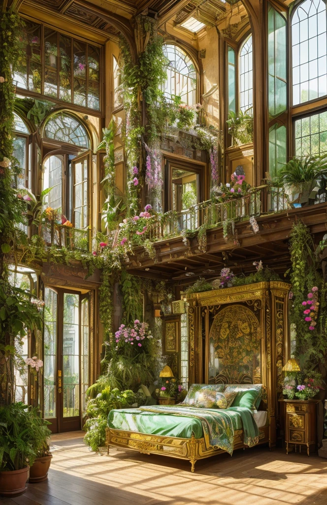 Architectural Digest photo of a maximalist green {vaporwave/steampunk/solarpunk} ((bed room)) with flowers and plants, golden light, hyperrealistic surrealism, award-winning masterpiece with incredible detail, breathtaking epic