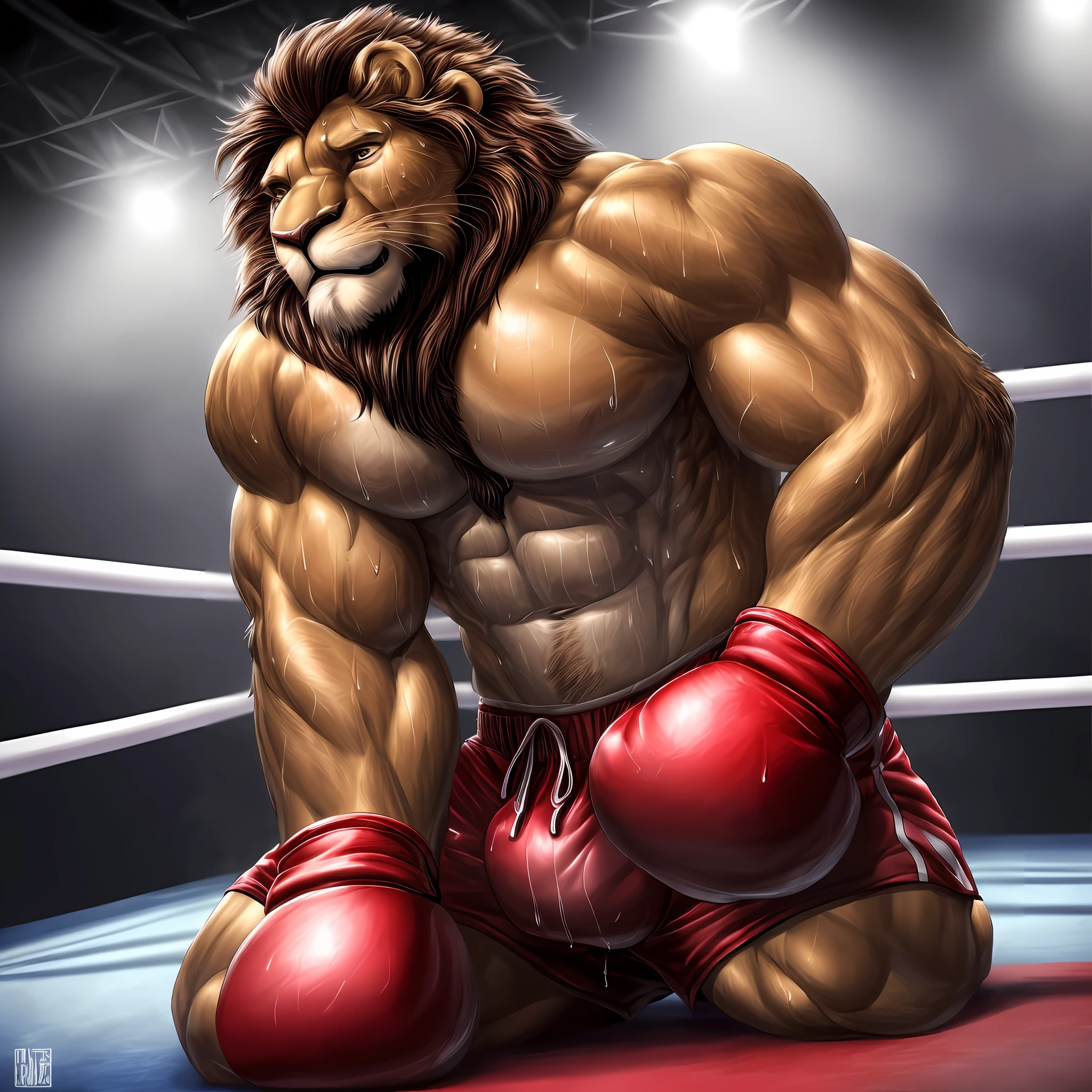 (extremely detailed and realistic masterpiece of an) ((male anthro lion)) with (muscles) and (athletic build), featuring (correct anatomy) and (detailed sweat droplets) glistening and emphasized, (collapsed and bent down) with an (exhausted and panting steamy breath). He's wearing (boxing gloves) and (shorts), kneeling alone in the (boxing ring) showcasing his (hard work and dedication).