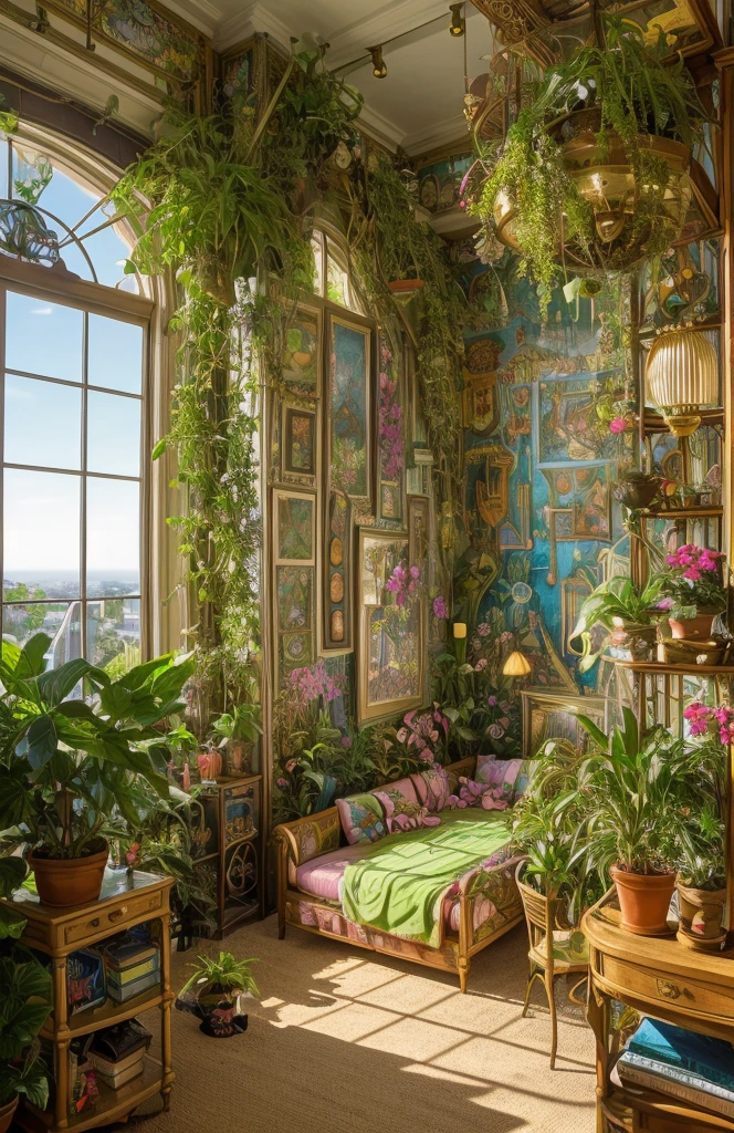 Architectural Digest photo of a {vaporwave/steampunk/solarpunk} ((Child&#39;s room)) maximalist green with flowers and plants, golden light, hyperrealistic surrealism, award-winning masterpiece with incredible detail, breathtakingly epic