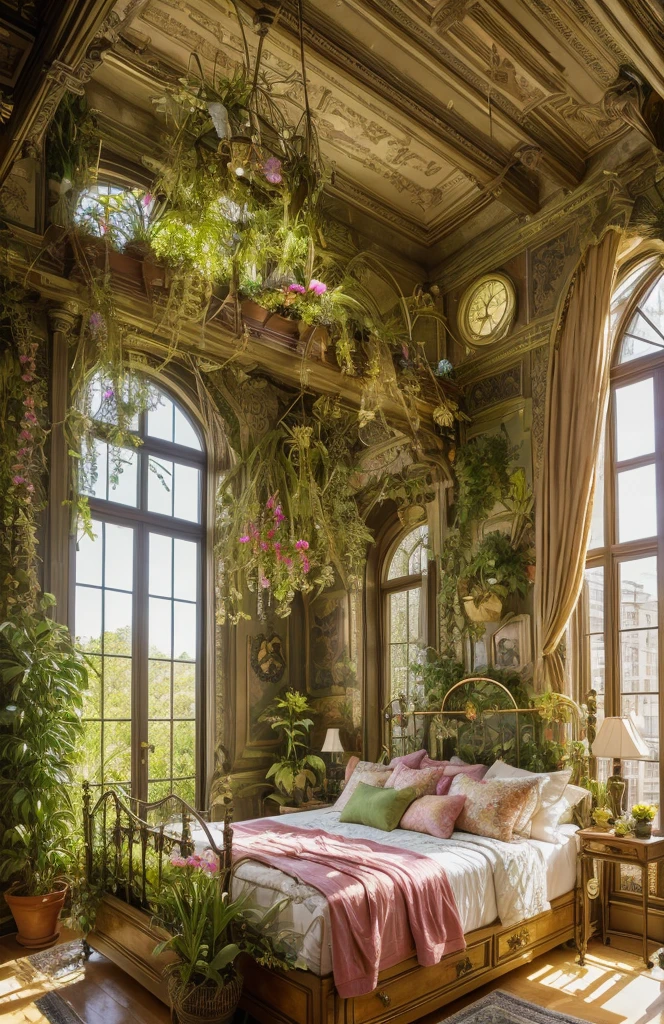 Architectural Digest photo of a maximalist green {vaporwave/steampunk/solarpunk} ((bed room)) with flowers and plants, golden light, hyperrealistic surrealism, award-winning masterpiece with incredible detail, breathtaking epic