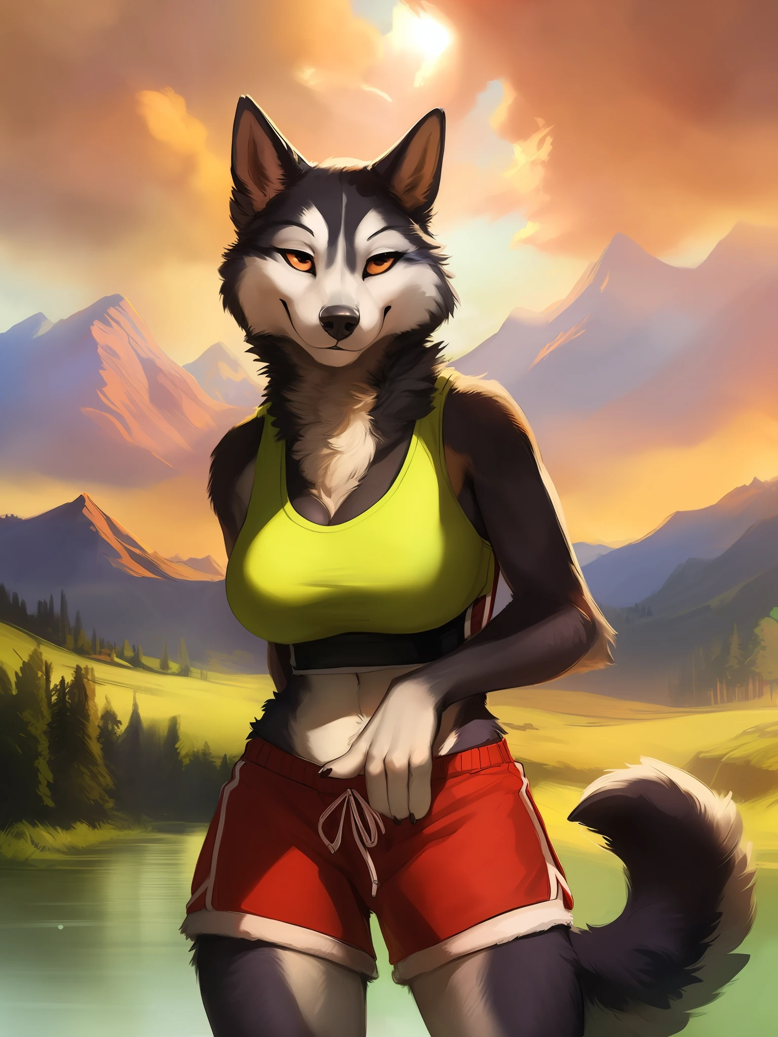 a beautiful and detailed portrait of a female anthro husky, kenket, Ross Tran,ruan jia, trending on artstation,foxovh, cenematic lighting, sports bra, shorts,smile
Forest, mountains, clouds, distant river,