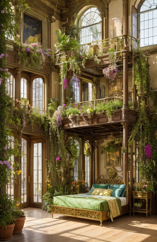 Architectural Digest photo of a maximalist green {vaporwave/steampunk/solarpunk} ((bed room)) with flowers and plants, golden light, hyperrealistic surrealism, award-winning masterpiece with incredible detail, breathtaking epic