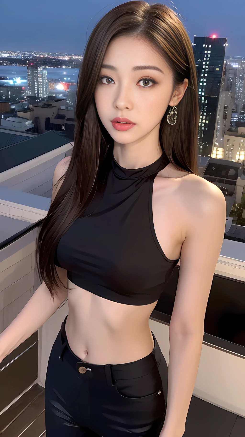 ((Midnight, Best quality, 8k, Masterpiece :1.3)), Whole body, Long legs, Sharp focus :1.2, A pretty woman with perfect figure :1.4, Slender abs :1.1, ((Dark brown hair, Big breasts :1.2)), (Crop top shirt, Low waist pants, Standing:1.2), ((Night city view, Rooftop:1.3)), Highly detailed face and skin texture, Detailed eyes, Double eyelid