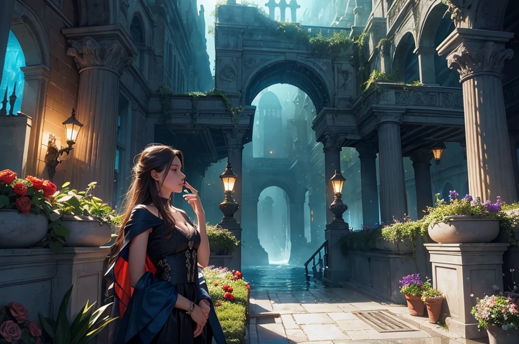 Vivid lighting, captivating elegance, atmospheric depth, technical virtuosity, naturalistic presentation, harmonious composition, evocative tones, captivating colors, dramatic lighting, 1girl, gardens, flowers, Atlantis