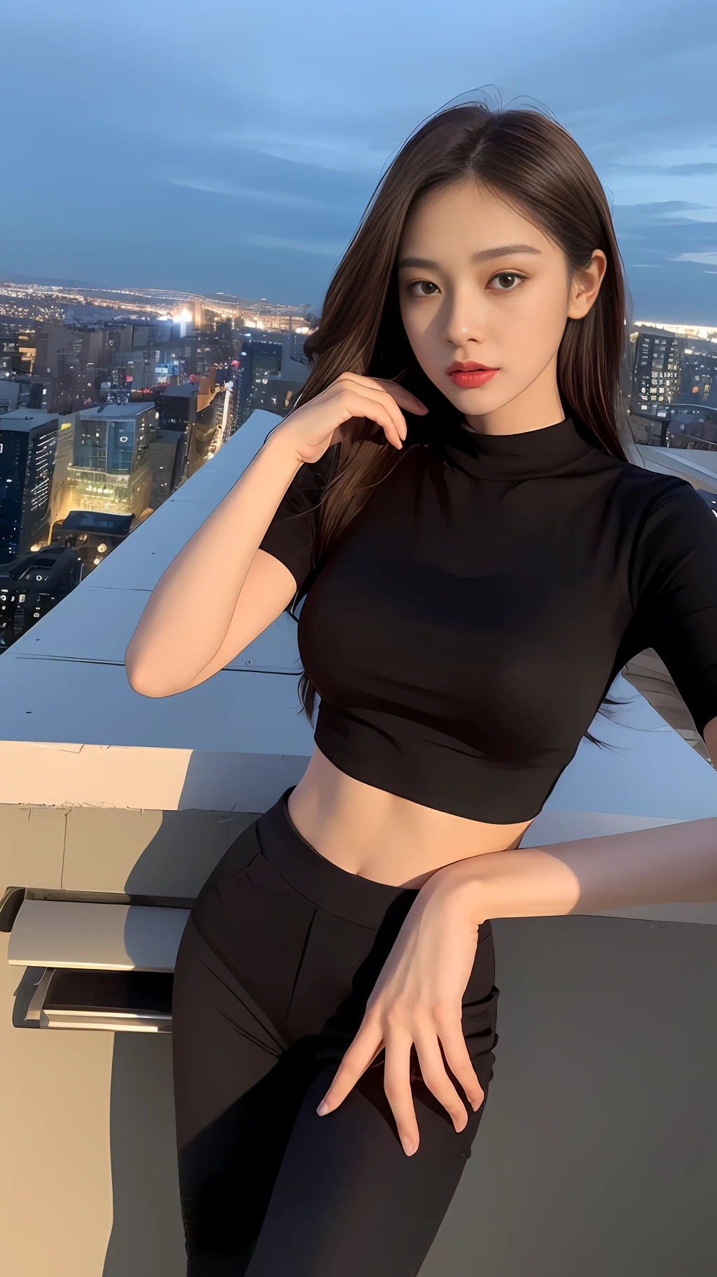 ((Midnight, Best quality, 8k, Masterpiece :1.3)), Whole body, Long legs, Sharp focus :1.2, A pretty woman with perfect figure :1.4, Slender abs :1.1, ((Dark brown hair, Big breasts :1.2)), (Crop top shirt, Low waist pants, Standing:1.2), ((Night city view, Rooftop:1.3)), Highly detailed face and skin texture, Detailed eyes, Double eyelid