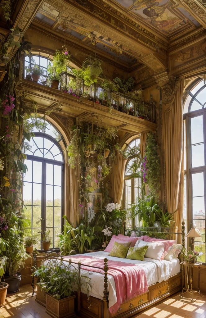 Architectural Digest photo of a maximalist green {vaporwave/steampunk/solarpunk} ((bed room)) with flowers and plants, golden light, hyperrealistic surrealism, award-winning masterpiece with incredible detail, breathtaking epic