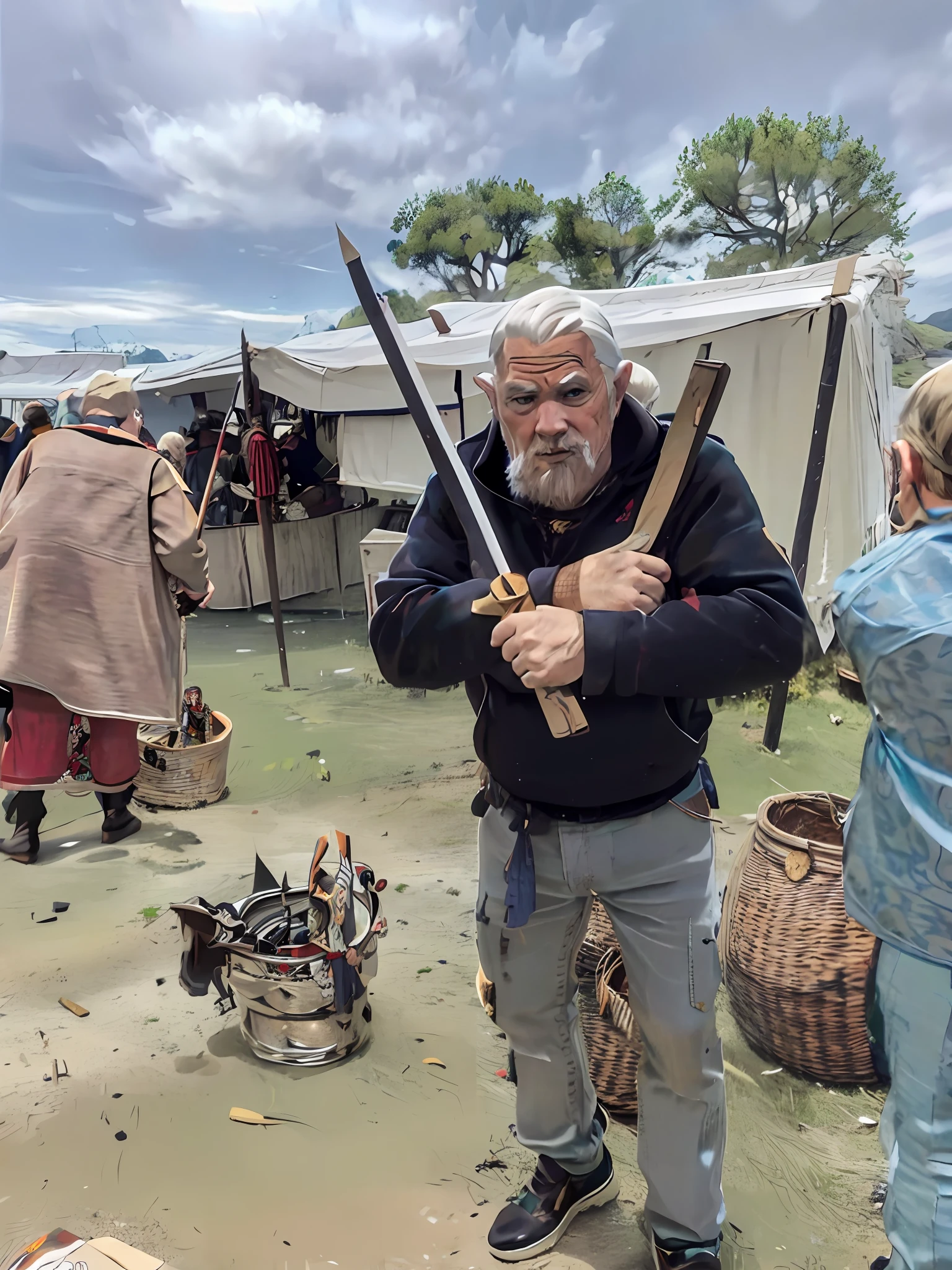 Man completely in viking gear with all misclothed Background dramatic scene of a viking age war boats arrows war full realistics Szenario of a war in the Viking area Wikinger