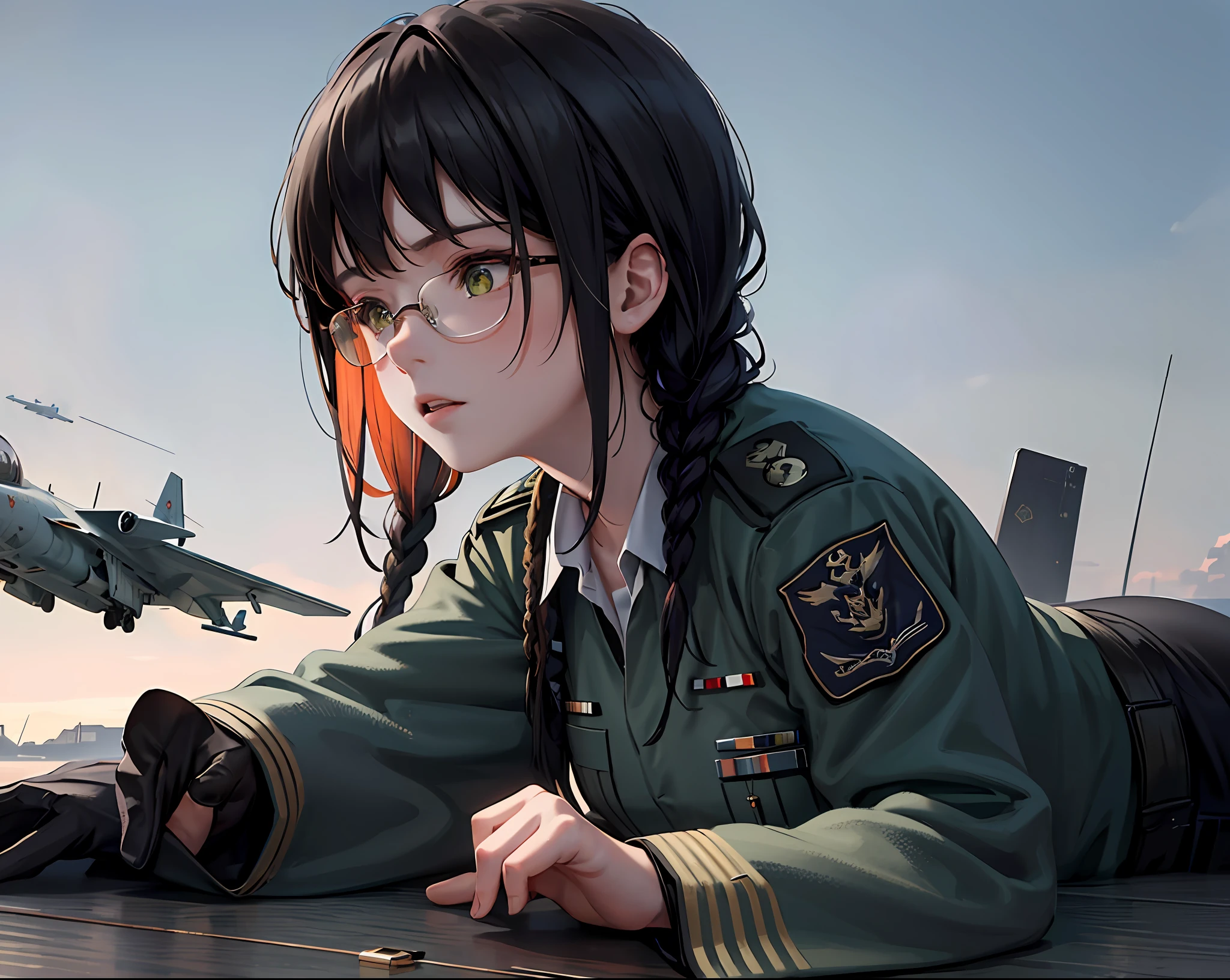 Masterpiece, realistic, sci-fi science fiction, realistic sci-fi movies, detailed facial features, realistic, in a single shot, detailed fighter planes, realistic high-tech fighter planes, cinematic angles, shades that Most realistic, detailed environment,( beautiful CG:1.4 ),Standing on an aircraft carrier in the sky,Detailed realistic eye sockets,Fantastic shadows,Tonal coverage,Beautiful colors,Woman,adult,short,small chest,26 years old,dark green eyes, Purple-black hair, two braids in the back, smooth bangs in the front, red glasses, a solemn expression, (ref. WWII white German Air Force general uniform: 1.5 )